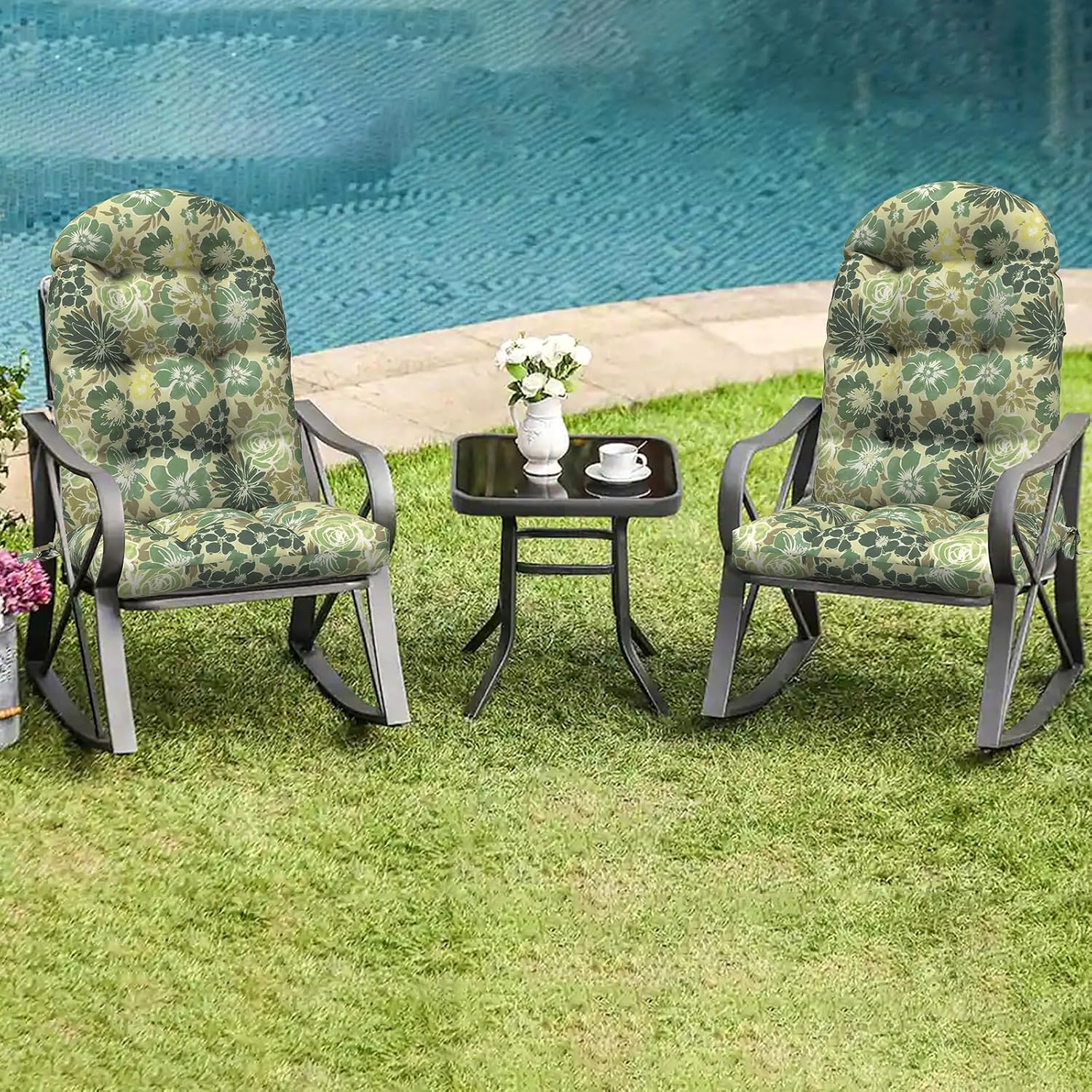 LVTXIII 2 Pack Outdoor Adirondack Chair Cushions, 44x19x4 Inch Water Repellent Patio Cushions for Rocking Chairs, Thick Tufted High Back Seat Cushion Set, Green Rose