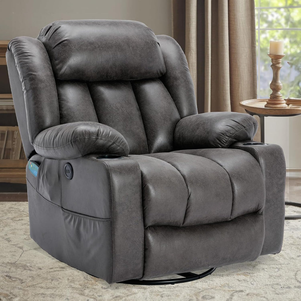 360° Swivel Rocker Recliner Chair with Heat and Massage, Manual Glider Rocking Reclining Chair, Swivel Overstuffed Lounge Reclining Chair with 2 Cup Holders, Side Pockets & USB Ports, Grey