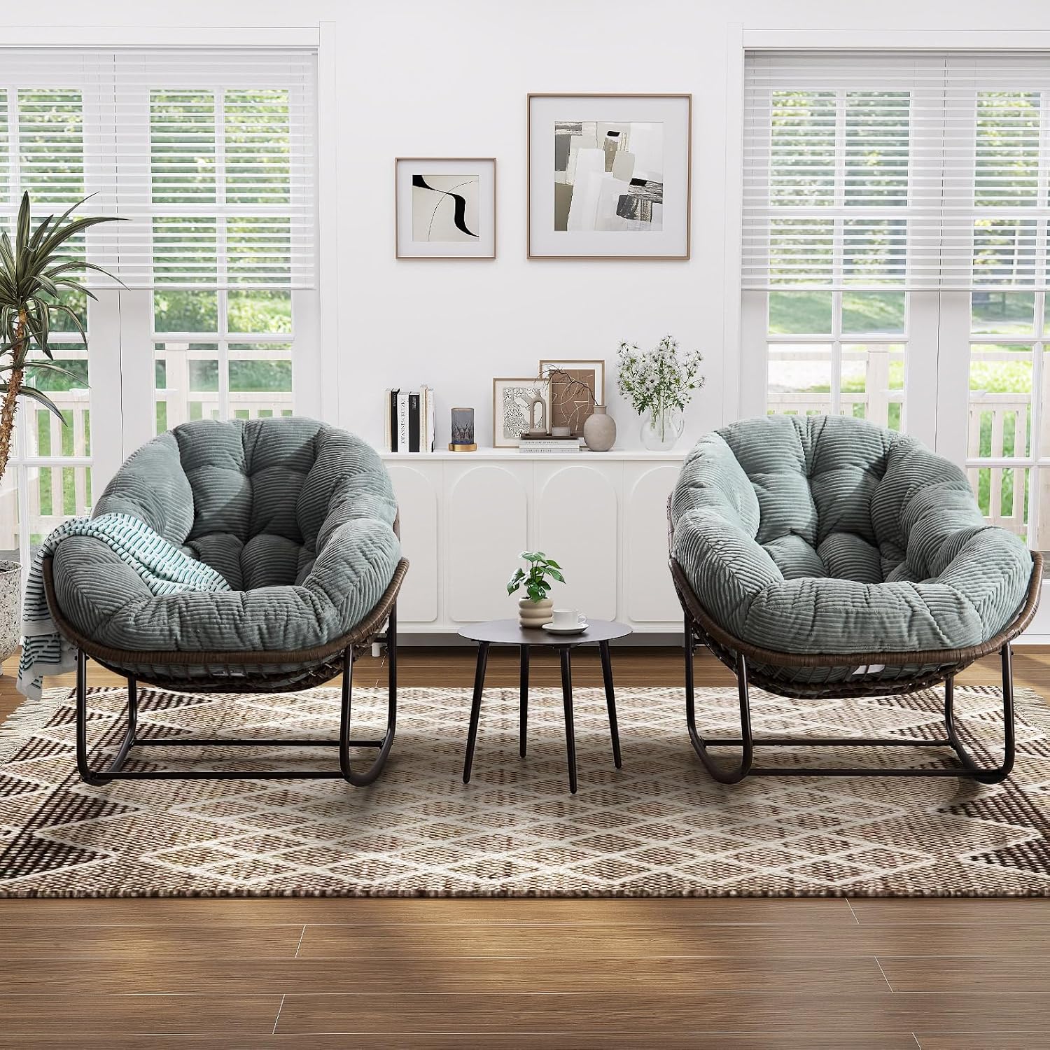 Oversized Indoor/Outdoor Corduroy Rocking Papasan Chair, Modern Egg-Shaped Design with Thick Memory Foam Cushion, Green