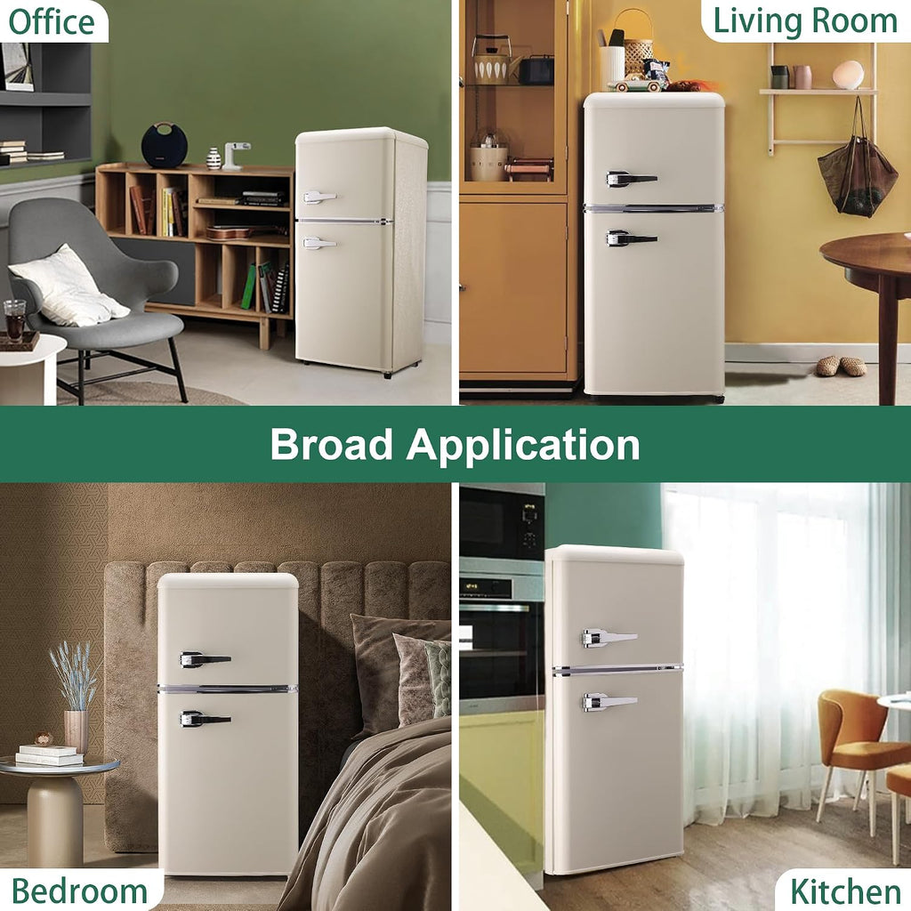 Retro Mini Fridge with Freezer 4.0 Cu. Ft, Small Refrigerator with 7 Level Adjustable Thermostat, Compact Classic Dual Door Fridge Removable Glass Shelves for Apartments, Dorm, Office, Cream