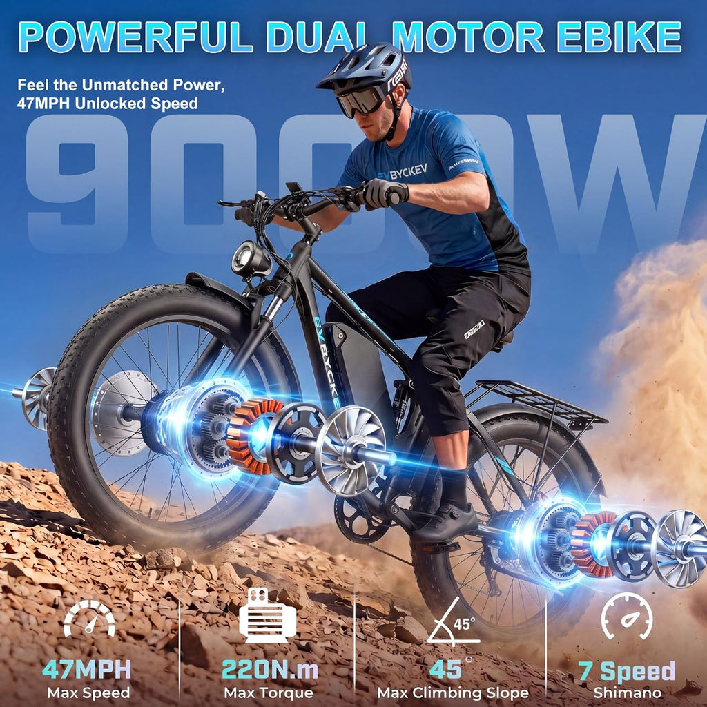 9000W Peak Dual Motor Ebike for Adults 47 MPH Fast Electric Bike, 58V Max 1972 Wh Up to 105 Miles Ebikes,24' Fat Tire E-Bike,Full Suspension Electric Bicycle for Mountain Commuter Snow
