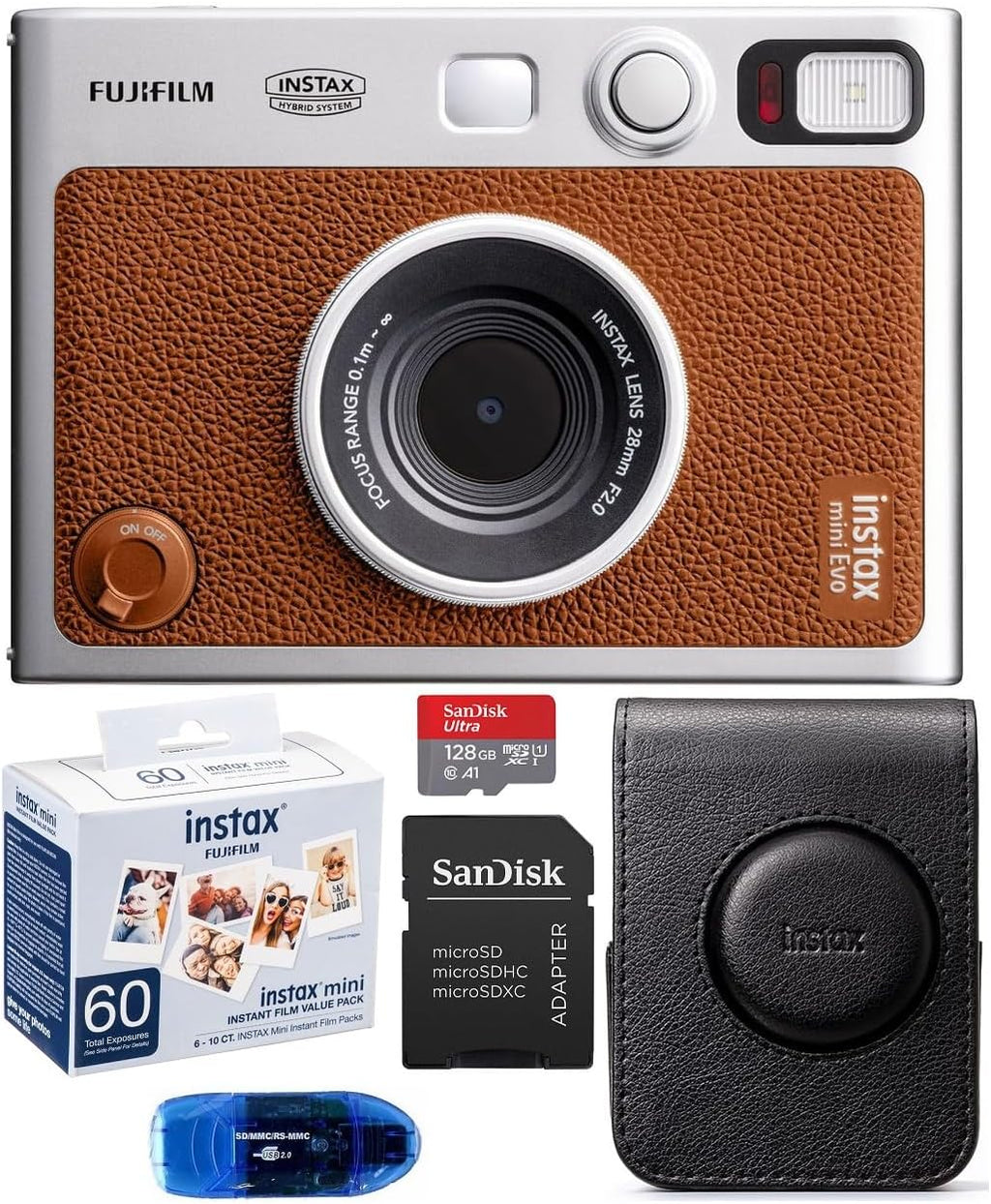 Fujifilm INSTAX MINI EVO Hybrid Instant Camera (Brown) Bundle, Includes: Fujifilm INSTAX Mini Film (60 Exposures), SanDisk 128GB MicroSDXC Memory Card and More (5 Items)