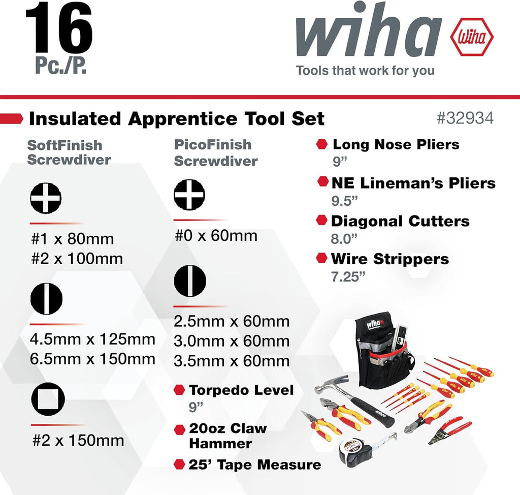 Wiha 32934 16 Piece Insulated Apprentice Electrician's Tool Kit