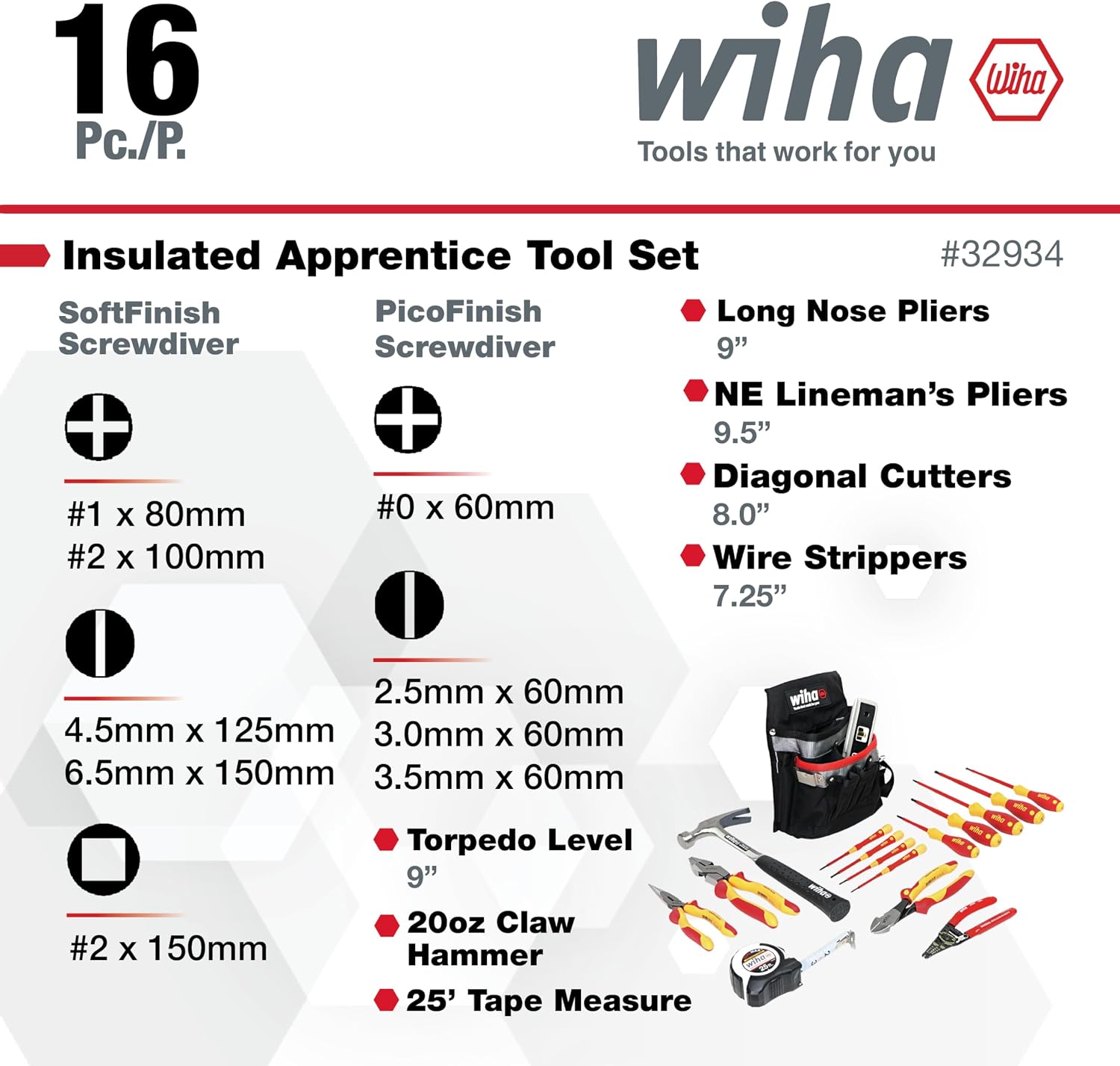 Wiha 32934 16 Piece Insulated Apprentice Electrician's Tool Kit