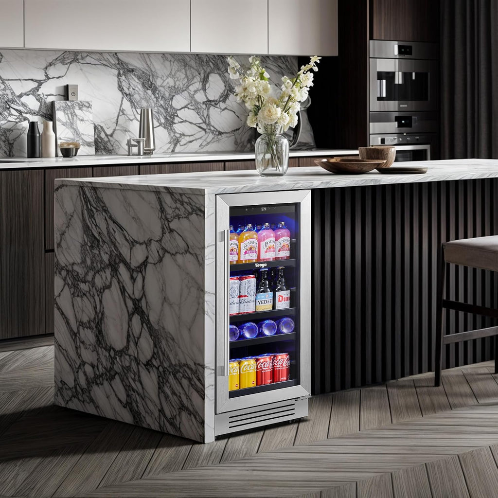 Yeego Beverage Refrigerator - 14 inch 70 Cans Mini Fridge with Glass Door, 34-54 ℉ Drink Cooler, Built-in or Freestanding for Wine Beer Soda Bar Office Home Dorm