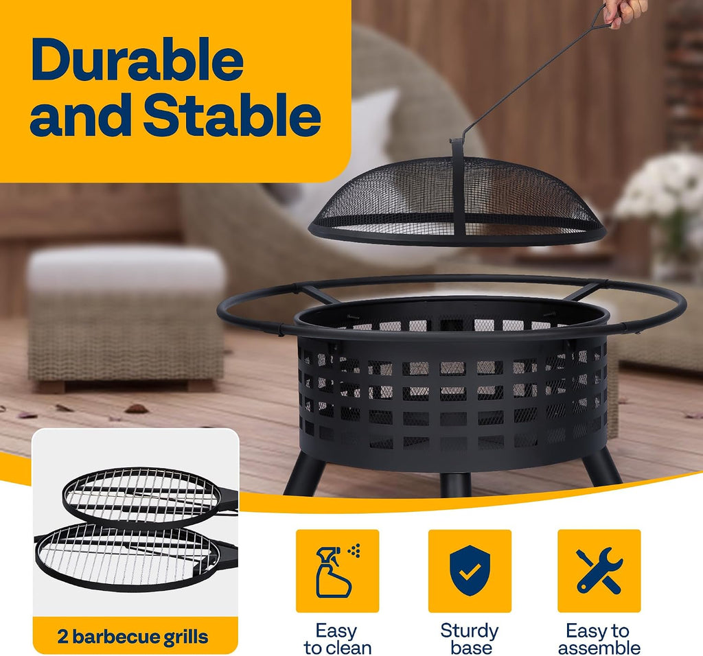 VIVOHOME 36-Inch Fire Pit with 2 Cooking Grill Grates, 2-in-1 Wood Burning Firepits with Spark Scrren & Waterproof Cover, Metal Grill for Backyard Bonfire BBQ Outdoor Camping Picnic