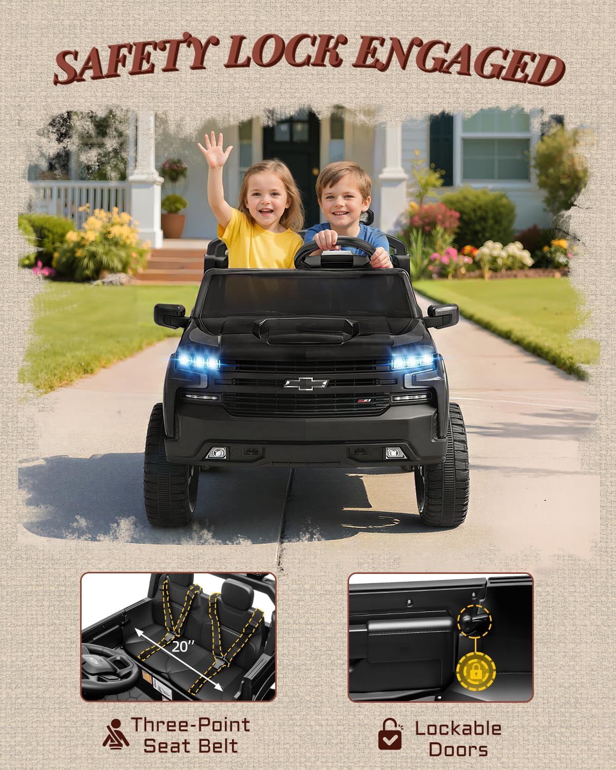 First Ride On 24V 2 Seater Ride on Toys Licensed Chevrolet Silverado, Electric Vehicle with Remote Control and Seat Belts, Electric Ride On Truck wtih Trunk, Bluetooth and LED Lights (Black)