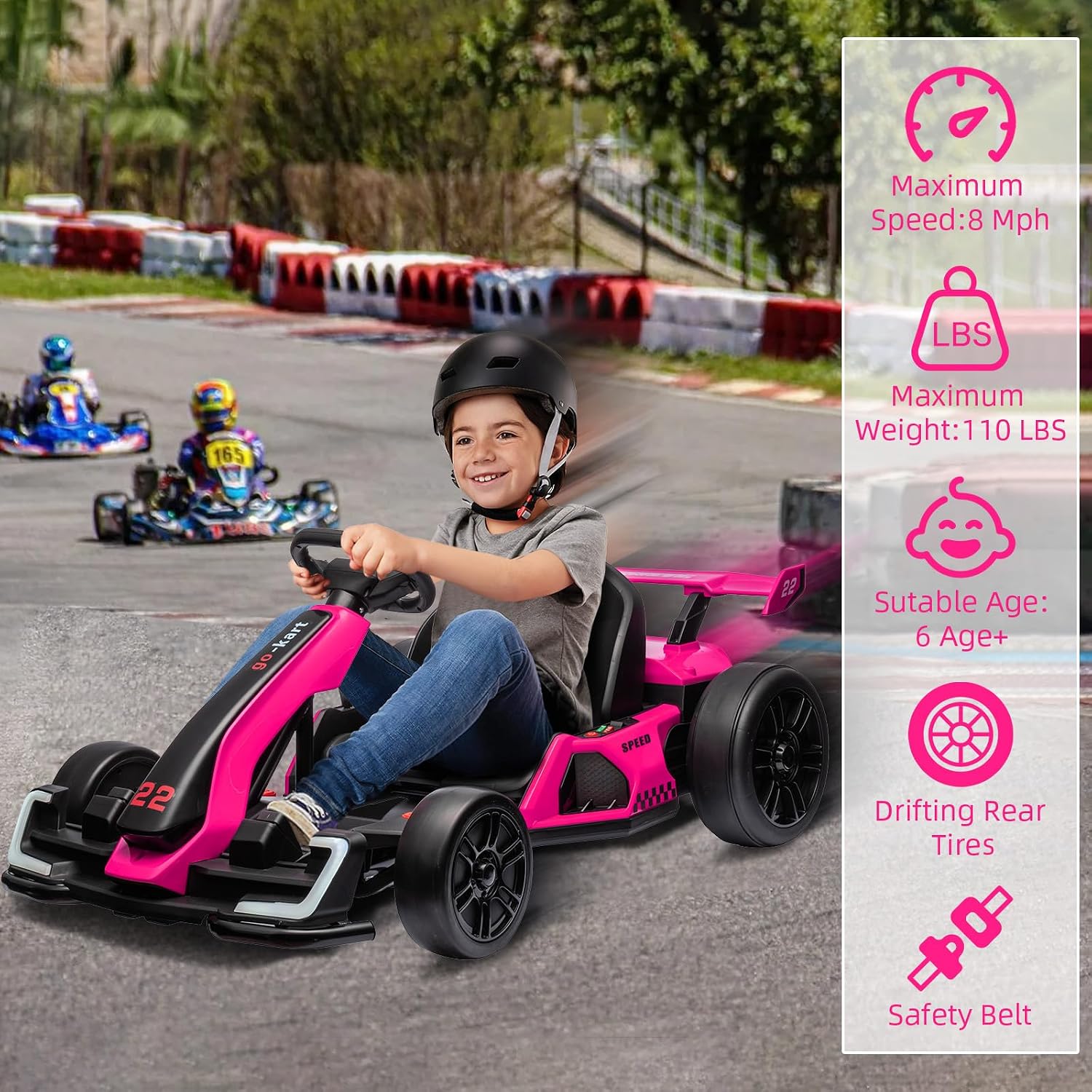 Nasitip 24V Electric Go Kart,300W Powerful Drift Kart for Kids, Electric Pedal Kart,with 300W Strong Motor, Drift/Sport Mode, Big Battery, Eva Tire,Length Adjustmen for Outdoor Racing Toy (Rose)