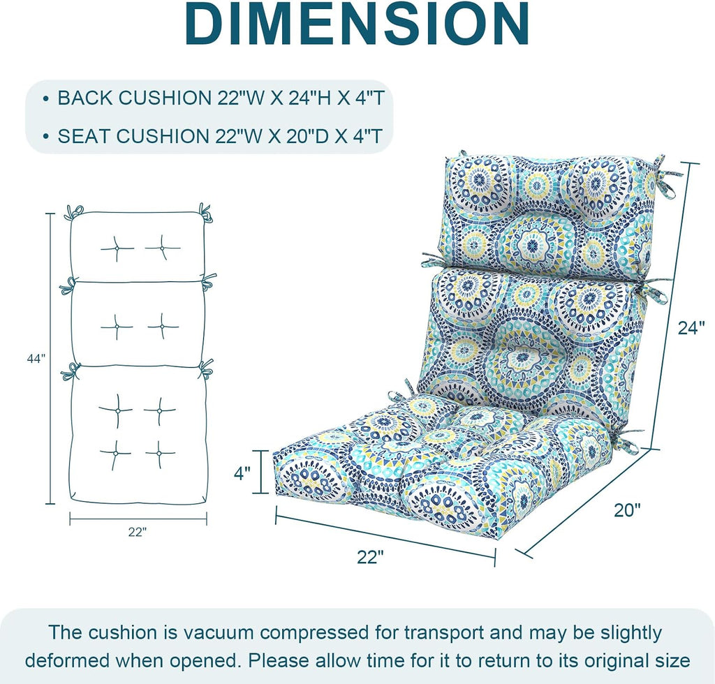 DYTXIII Outdoor High Back Chair Cushions Set of 2, Water Repellent Tufted Rocking Seat Cushions Replacement 44 x 22 Inch, Seat & Back Chair Pads for Patio, Balcony and Indoor Use -Delancey Lagoon