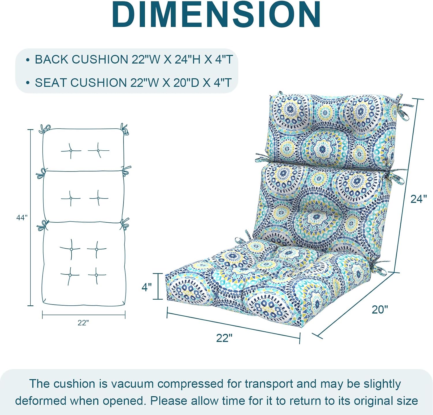 DYTXIII Outdoor High Back Chair Cushions Set of 2, Water Repellent Tufted Rocking Seat Cushions Replacement 44 x 22 Inch, Seat & Back Chair Pads for Patio, Balcony and Indoor Use -Delancey Lagoon