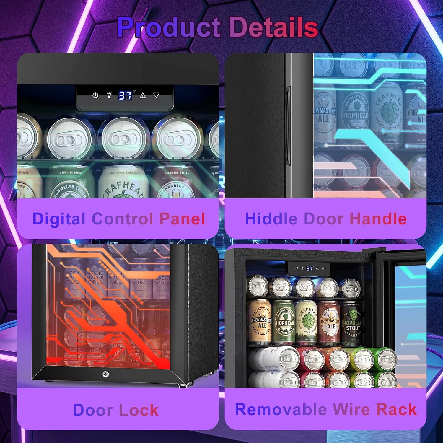 Beverage Refrigerator with LED Light Up Door – 128 Can Freestanding Drink Fridge, Small Beer Cooler with 4 Removable Shelves, Child Safety Lockfor Gaming Room Home Bar Party,Cyberpunk