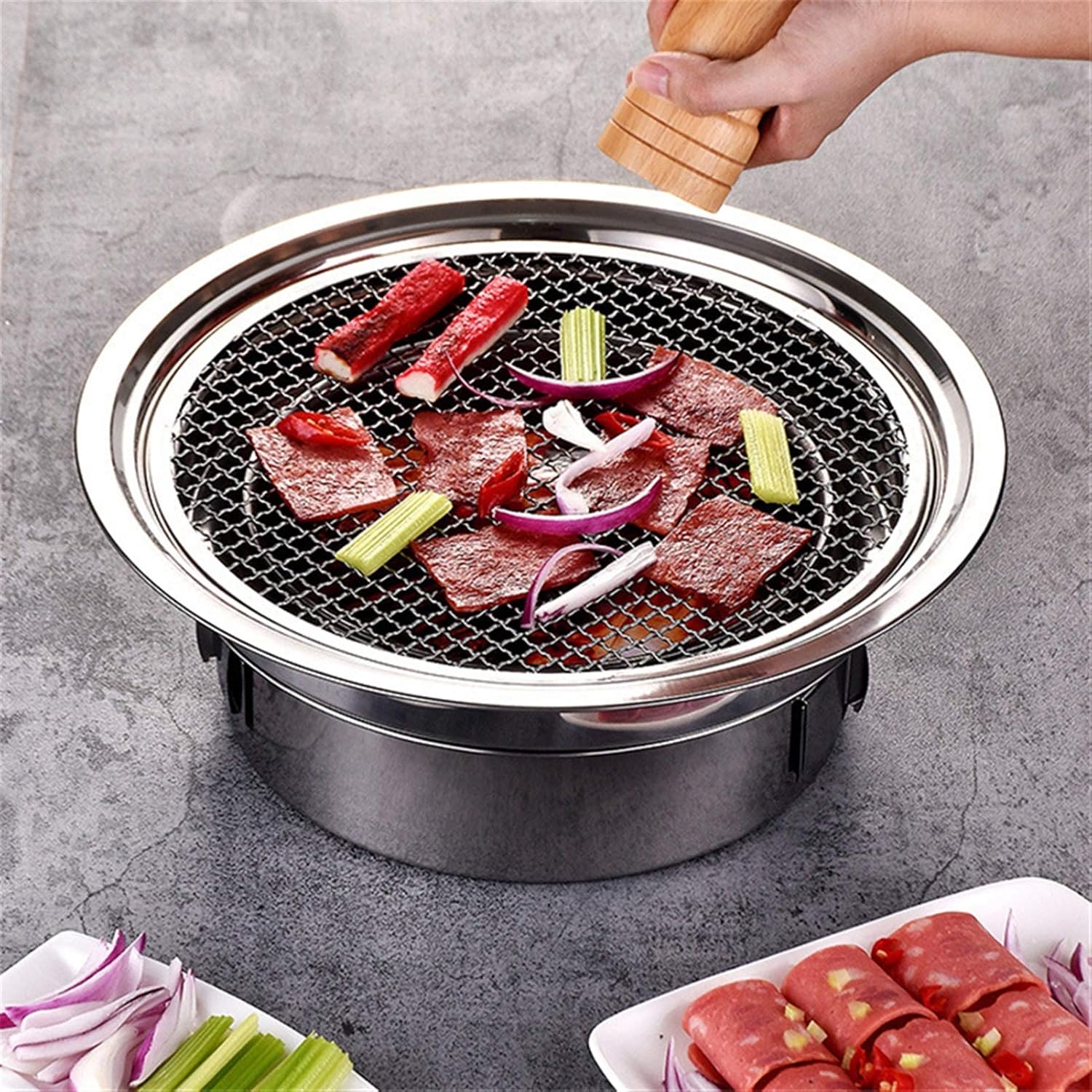 Grill for Outdoor Round Stainless Steel Korean Charcoal Barbecue Grill Non-Stick Barbecue Grills Portable Charcoal Grill for Outdoor Camping BBQ Barbecue Grill (Color : with net Furnace)