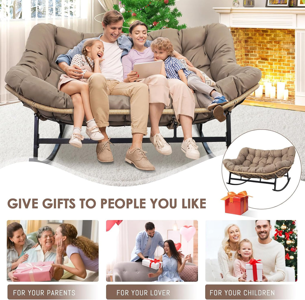 RADIATA Oversized Double Rocking Papasan Chair, Extra Wide Patio Rocker for 2 Adults, PE Wicker Egg Chair with Cushion, Heavy Duty Comfortable Outdoor Furniture for Garden, Balcony or Sunroom