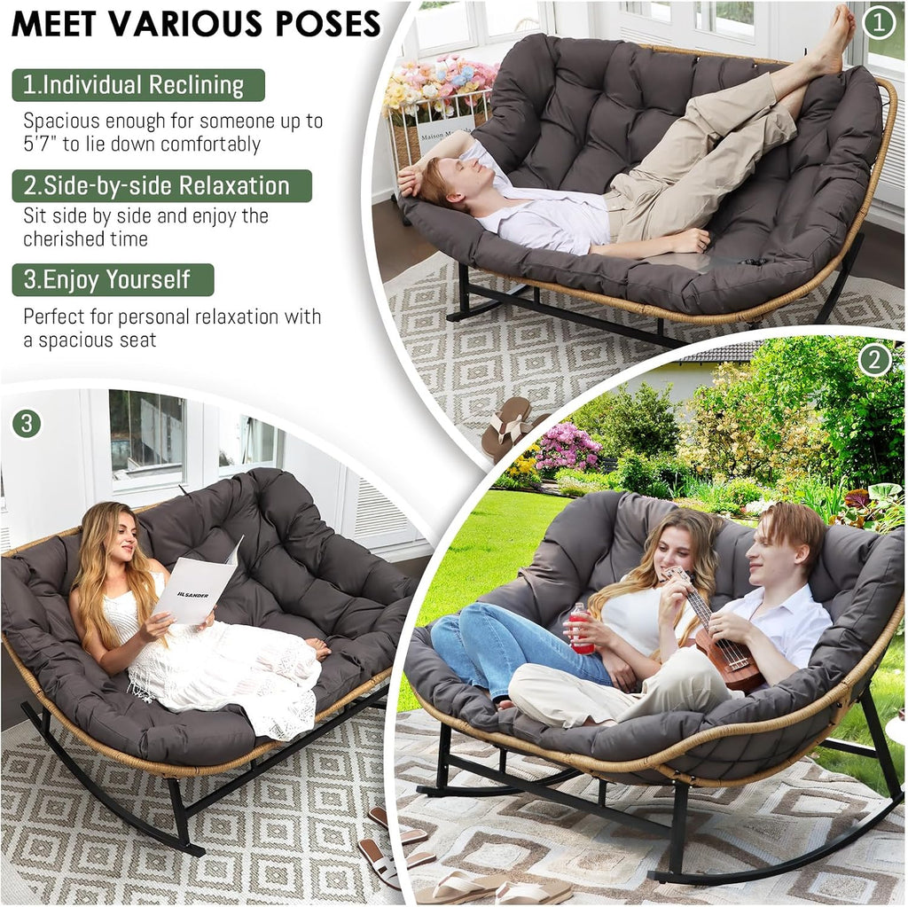 RADIATA Double Rocking Chair Outdoor, Oversized 2 Person Lounge Chair with Thick Cushion, All-Weather PE Rattan Frame, Heavy Duty Large Reclining Loveseat for Patio, Backyard, Bedroom