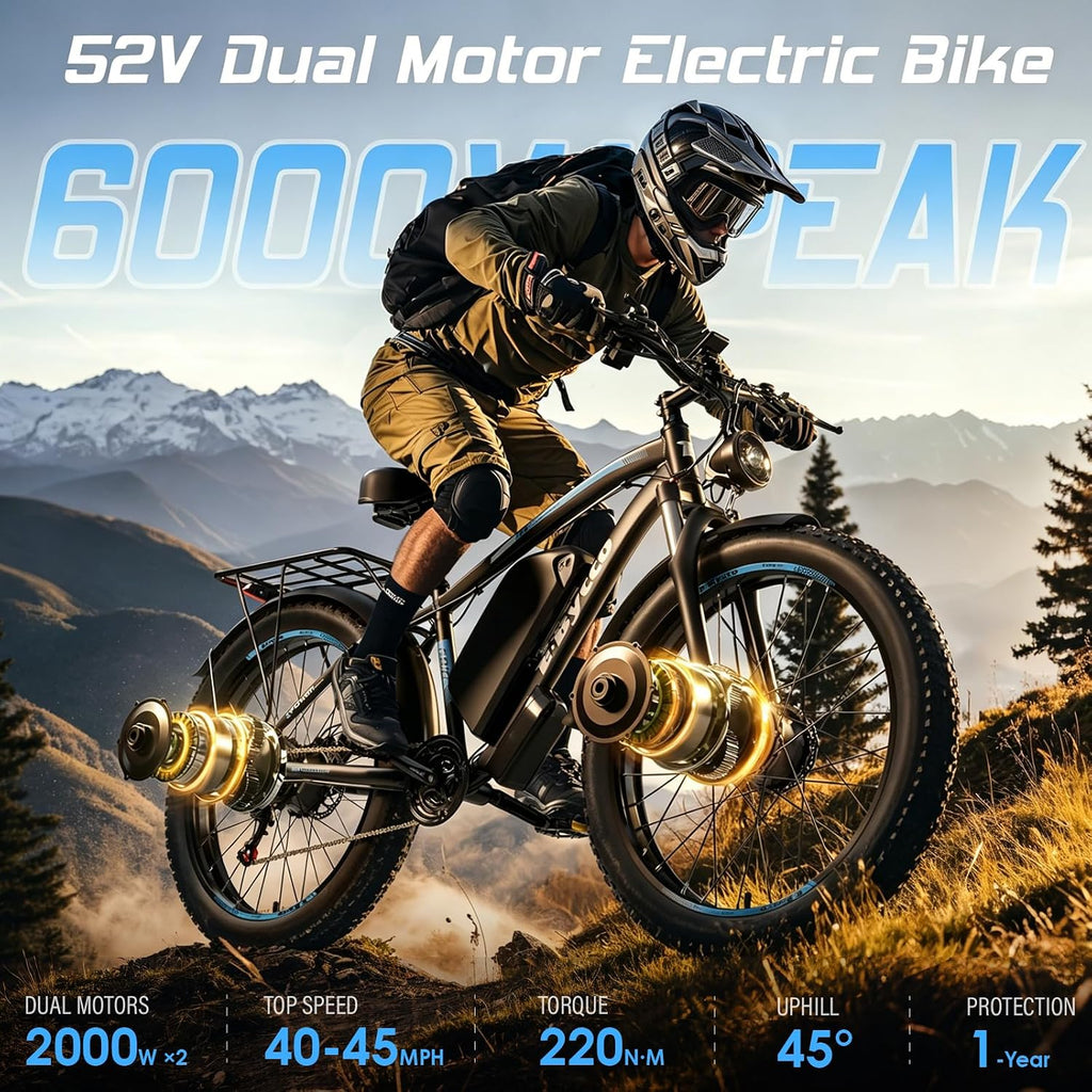 6000W Peak Dual Motor Electric Bike for Adults, 24' Fat Tire Ebikes 52V 32AH, Fast 45 MPH, 100 Miles Long Range, Hydraulic Brake, Pedal Assist Electric Bicycle for Off-Road Mountain Snow Commuter
