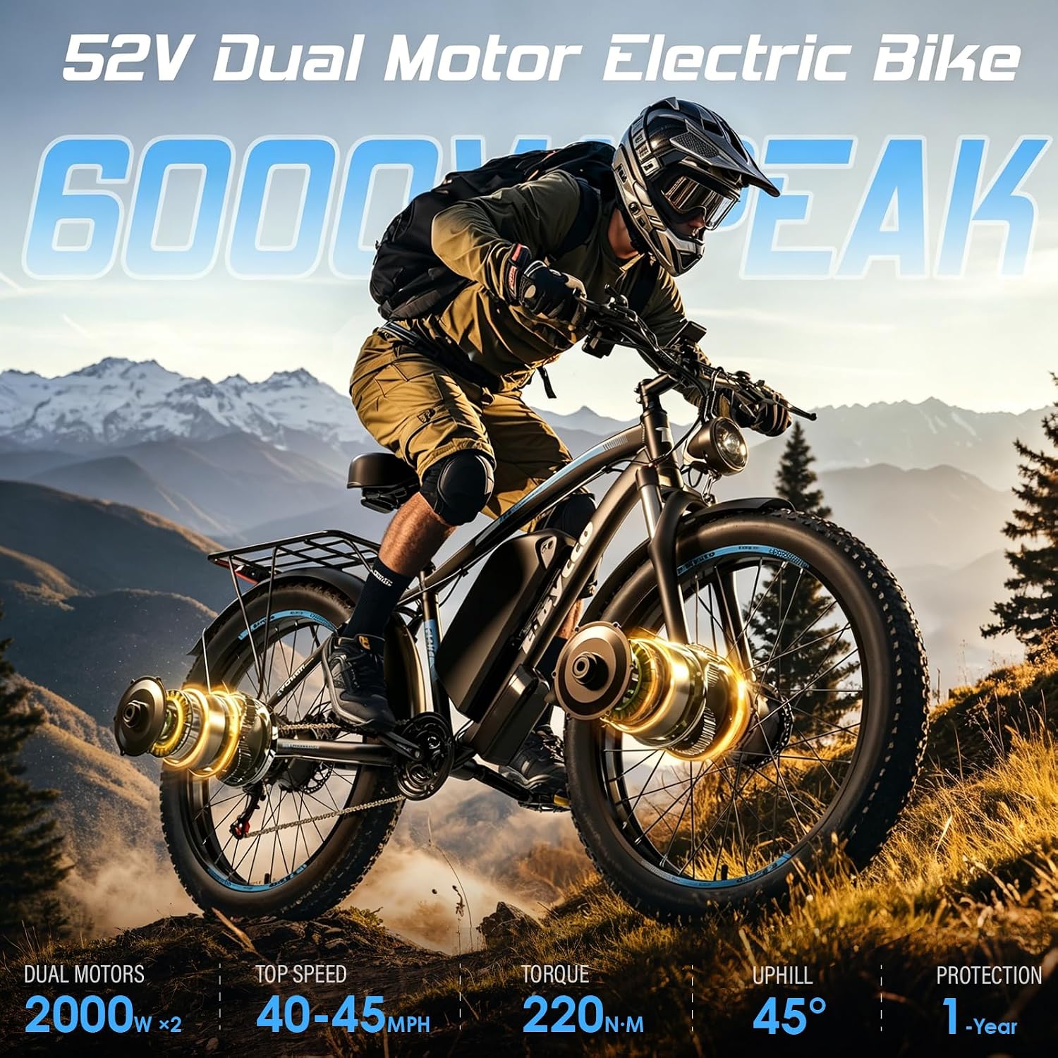 6000W Peak Dual Motor Electric Bike for Adults, 24' Fat Tire Ebikes 52V 32AH, Fast 45 MPH, 100 Miles Long Range, Hydraulic Brake, Pedal Assist Electric Bicycle for Off-Road Mountain Snow Commuter