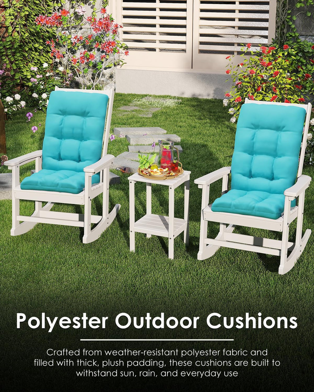 GREENVINES Rocking Chair Cushions Set of 4 | Polyester | Waterproof | Outdoor High Back Rocker Chairs Cushion | Seat with Ties | Non-Slip | Thickened Pad for Patio | 46.5' x 18.5' x 4.3' | Arctic