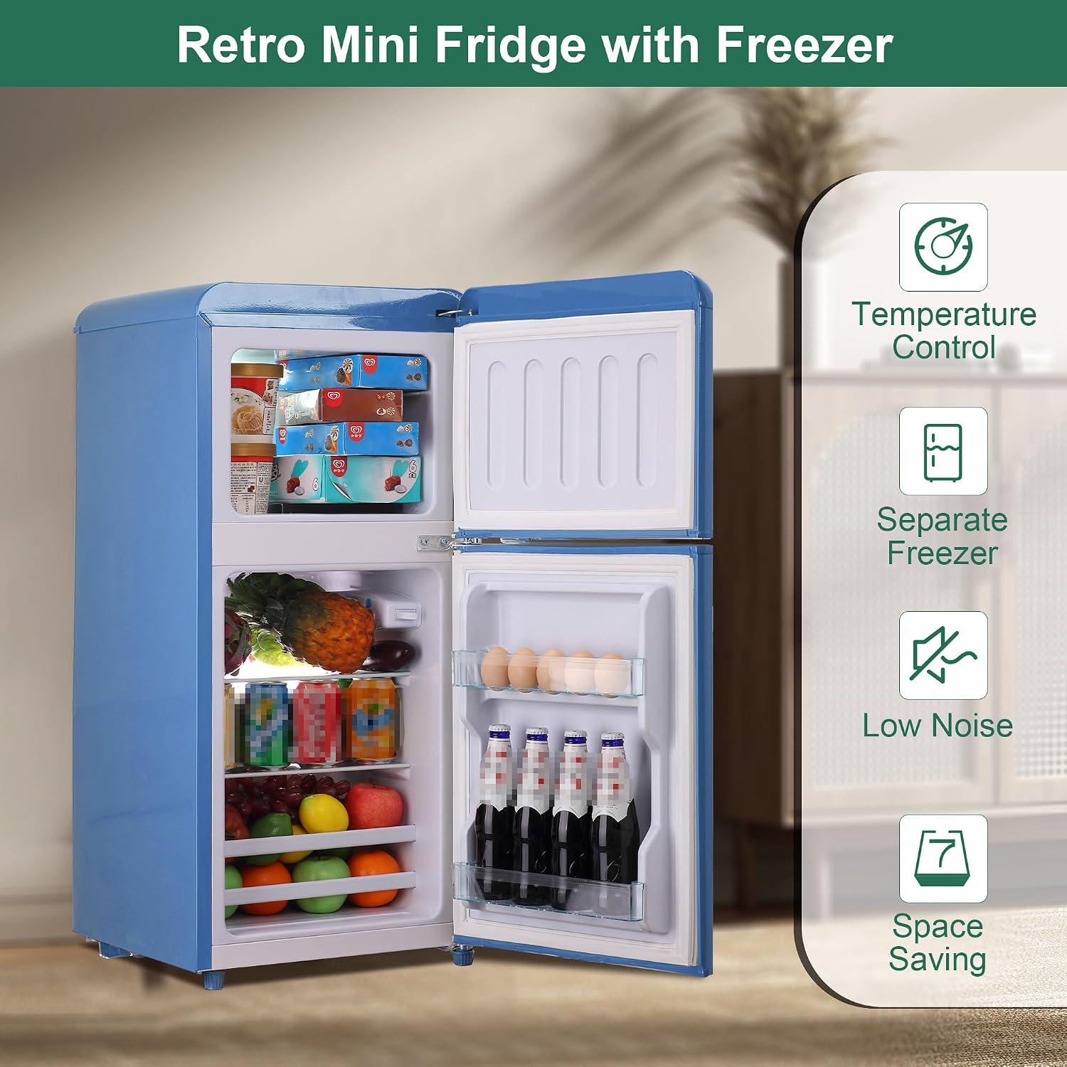 Retro Mini Fridge with Freezer 4.0 Cu. Ft, Small Refrigerator with 7 Level Adjustable Thermostat, Compact Classic Dual Door Fridge Removable Glass Shelves for Apartments, Dorm, Office, Blue