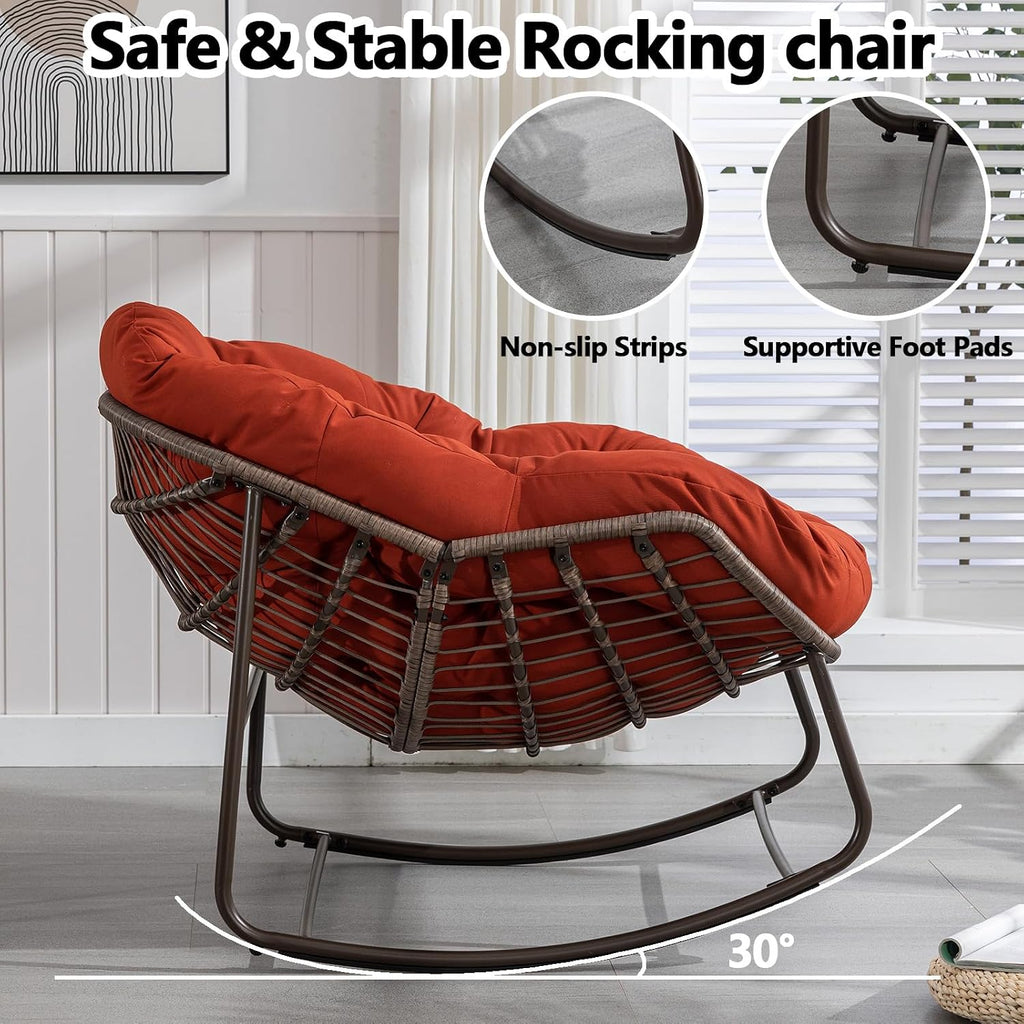 37' Papasan Rocking Chair with Cushion and Steel Frame, Oversized Outdoor Egg Rocking Chair, Rattan Circle Chairs for Grand Patio and Garden (Orange)