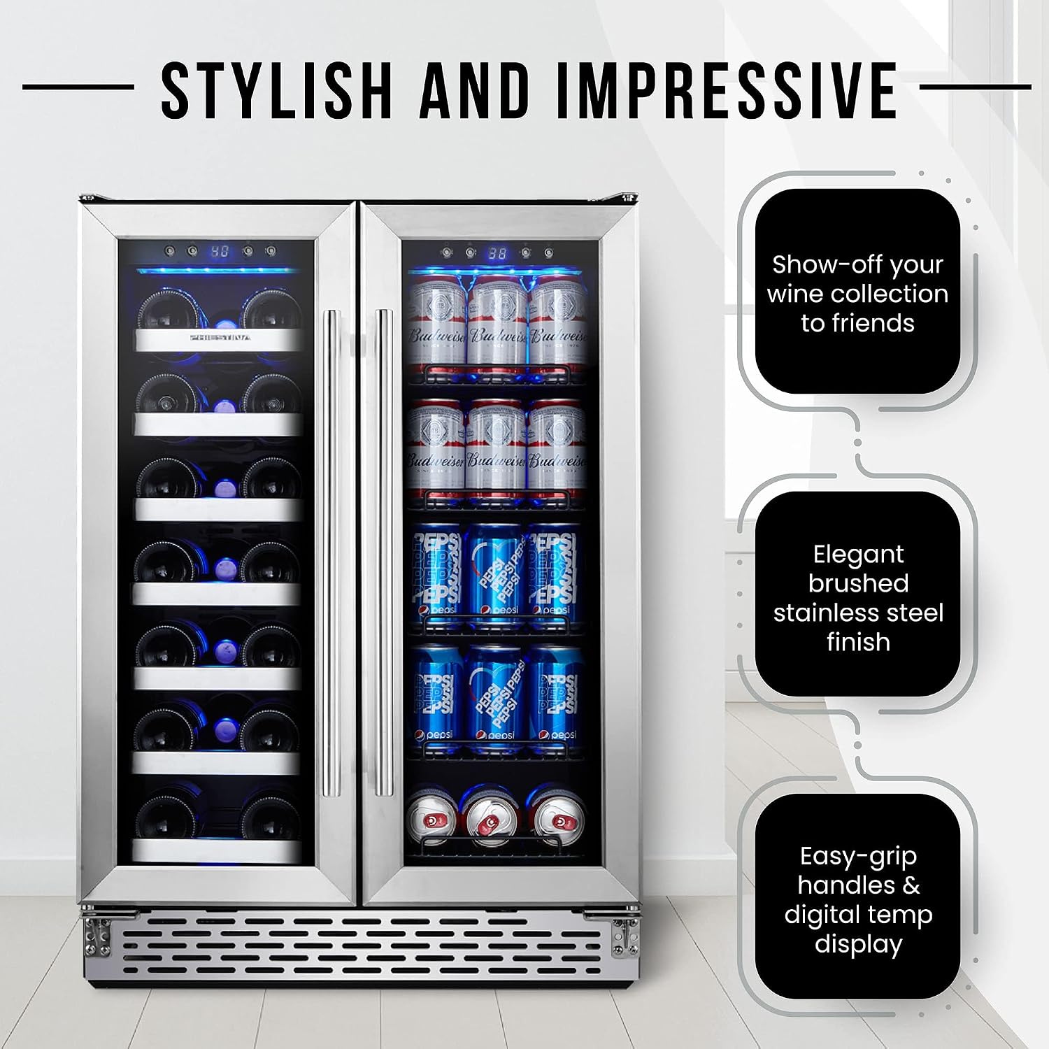 Wine and Beverage Refrigerator, 24 inch Wine Fridge Dual Zone w/ 60 Cans and 20 Bottles Capacity, Digital Touch Control, Built-In or Freestanding