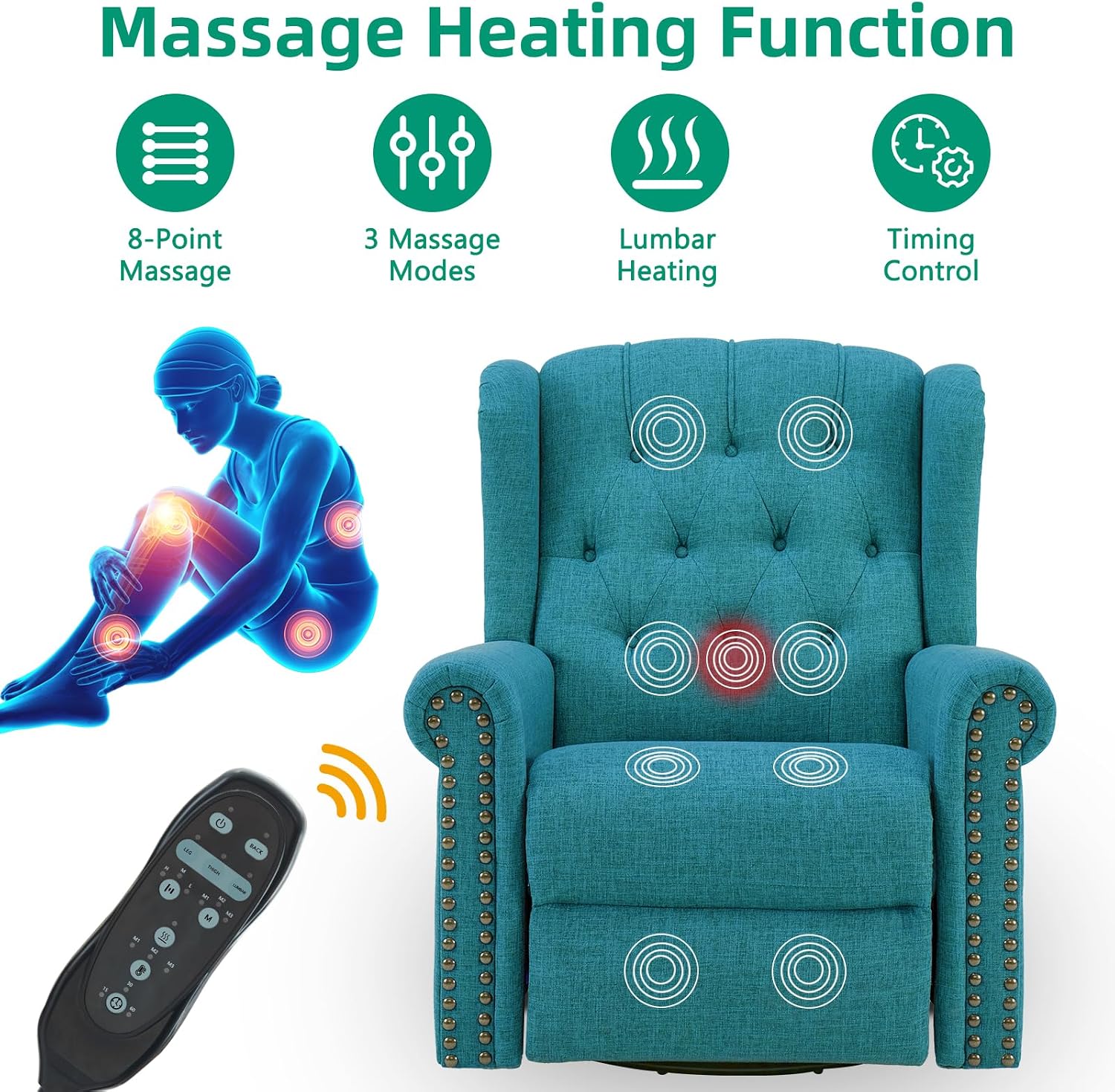 VIVIJASON Power Swivel Rocking Recliner Chair with Massage & Heat, Electric Rocker Glider Chair for Nursery, Wingback Tufted Upholstered Recliner W/Type-C & USB Ports for Living Room, Bedroom, Teal