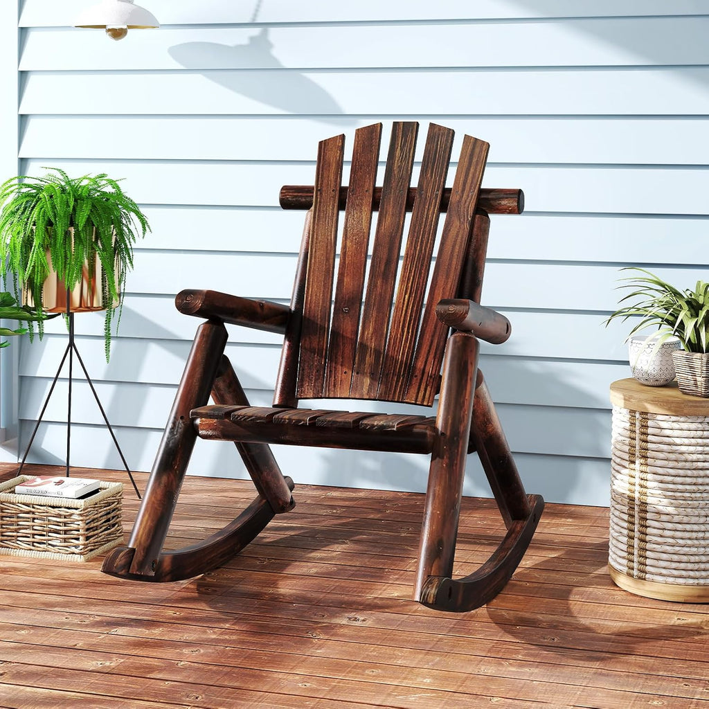Giantex Outdoor Wooden Rocking Chair, Adirondack Porch Rocker with High Back and Wide Seat, Rustic Log Patio Chair for Front Porch Backyard Garden Balcony Deck, Brown (27'x36'x 38')