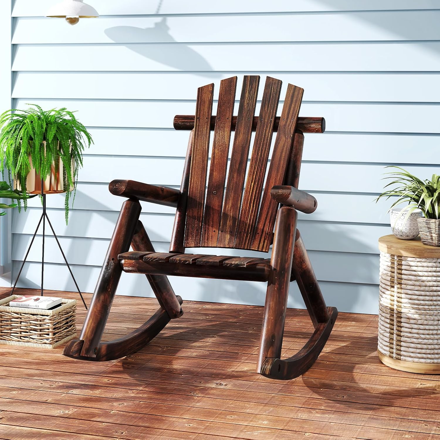 Giantex Outdoor Wooden Rocking Chair, Adirondack Porch Rocker with High Back and Wide Seat, Rustic Log Patio Chair for Front Porch Backyard Garden Balcony Deck, Brown (27'x36'x 38')