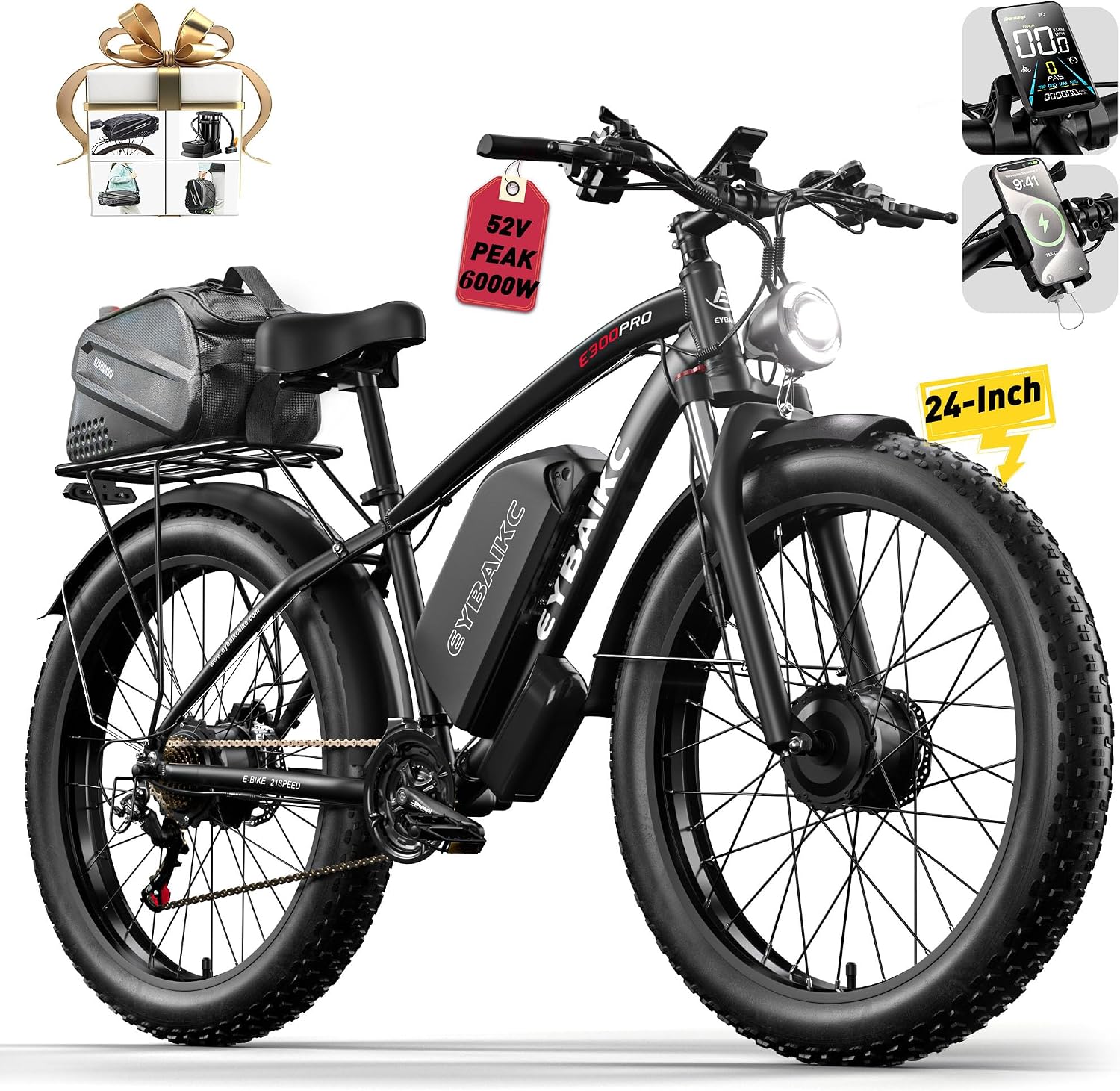 Electric Bike for Adults, Peak 5000W Ebike Dual Motor 52V32Ah 100Miles Range, 40-45MPH Electric Bike, 24'/26' x4.0 Fat Tire, Hydraulic Disc Brake, Electric Mountain Bicycle, UL 2849