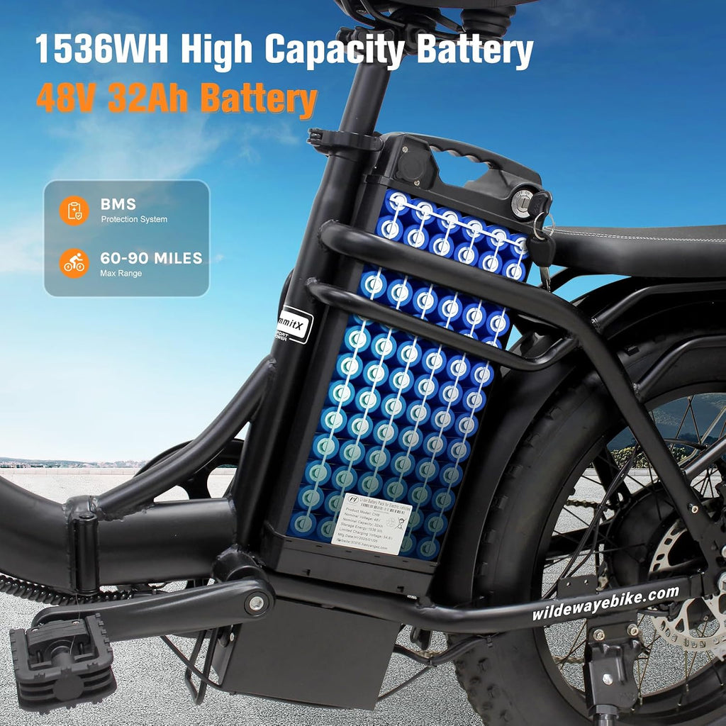 Wildeway Folding Electric Bike for Adults,2000W Dual Motor Ebike 20x4.0 Fat Tire All-Terrain 28MPH,48V 32Ah Removable Battery,7-Speed,Dual Hydraulic Disc Brake,City Commuting Delivery Bicycle
