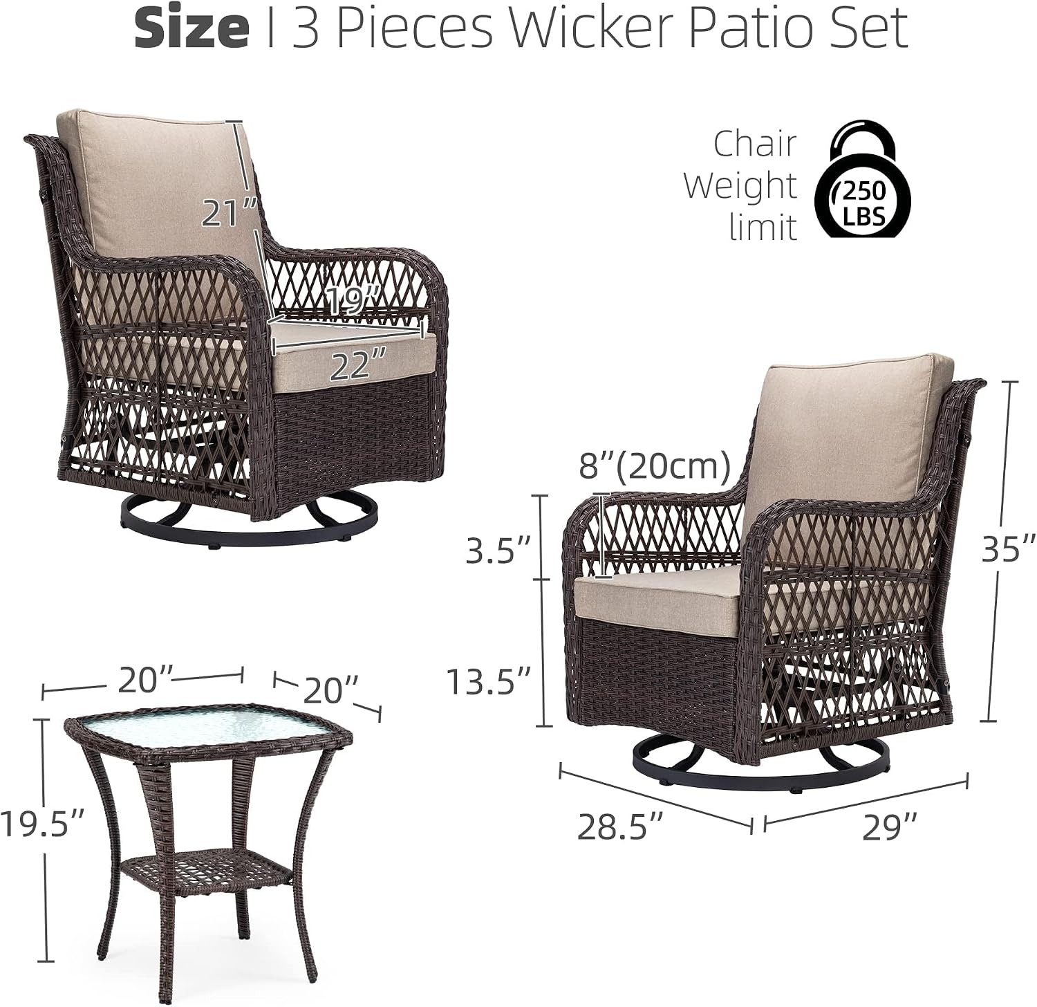 GarveeLife 3 Pieces Outdoor Swivel Chair Set, Wicker Swivel Rocker Patio Chairs, Thick Cushion and Side Table for Balcony, Porch, Backyard, Garden, Beige