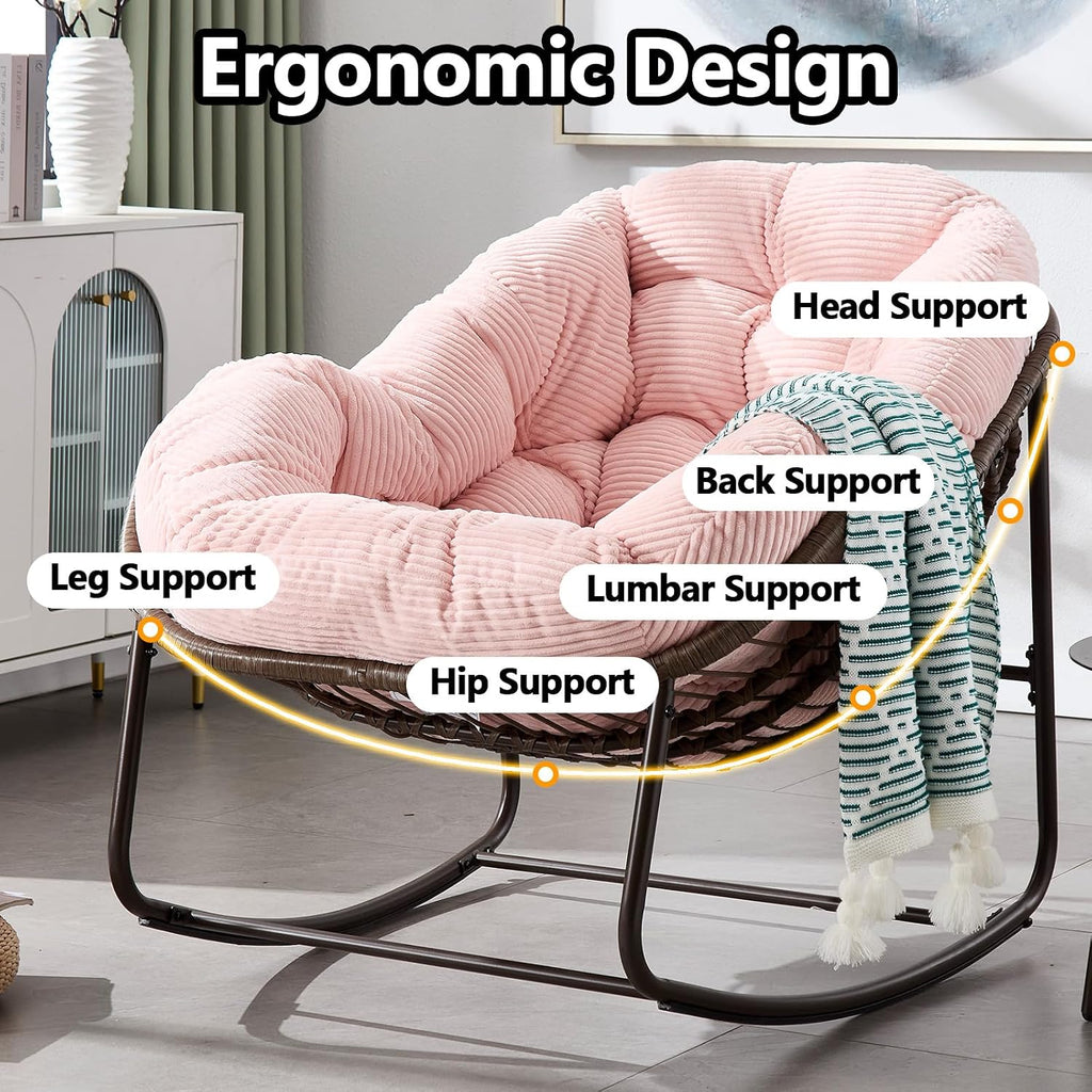 HRVEOCEI Papasan Rocking Chair with Cushion and Frame, Oversized Rocking Chair Indoor/Outdoor, Circle Chairs for Patio Garden Front Porch, Corduroy/Velvet (Pink)