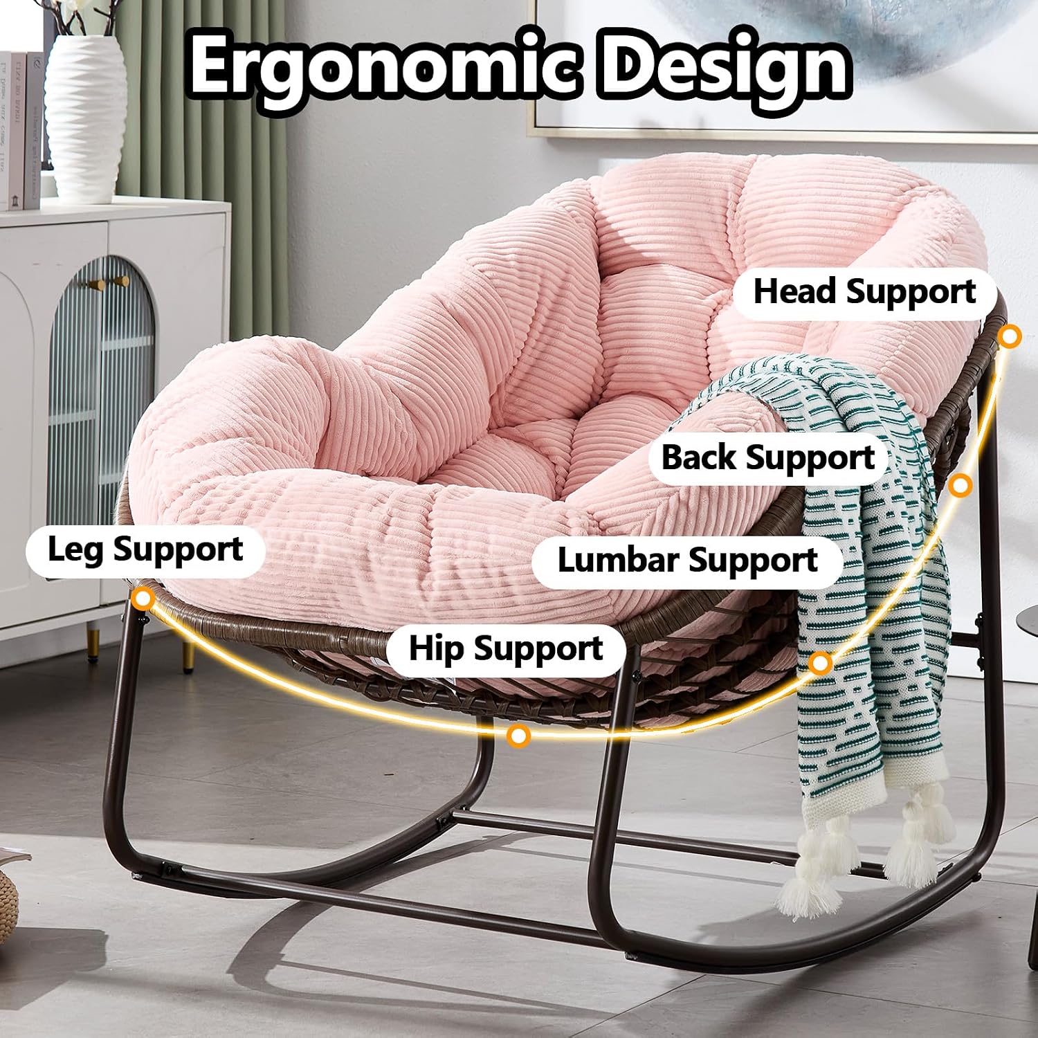 HRVEOCEI Papasan Rocking Chair with Cushion and Frame, Oversized Rocking Chair Indoor/Outdoor, Circle Chairs for Patio Garden Front Porch, Corduroy/Velvet (Pink)
