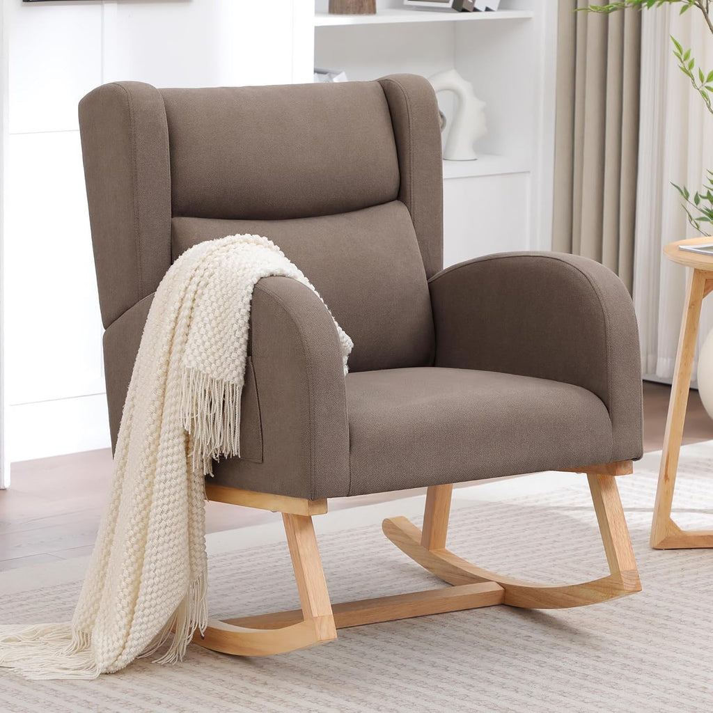 HCHAIRH Nursery Rocking Chair,Linen Upholstered Nursery Rocking Chairs,Wingback Rocker for Nursery for Living Room Bedroom(Linen Brown)