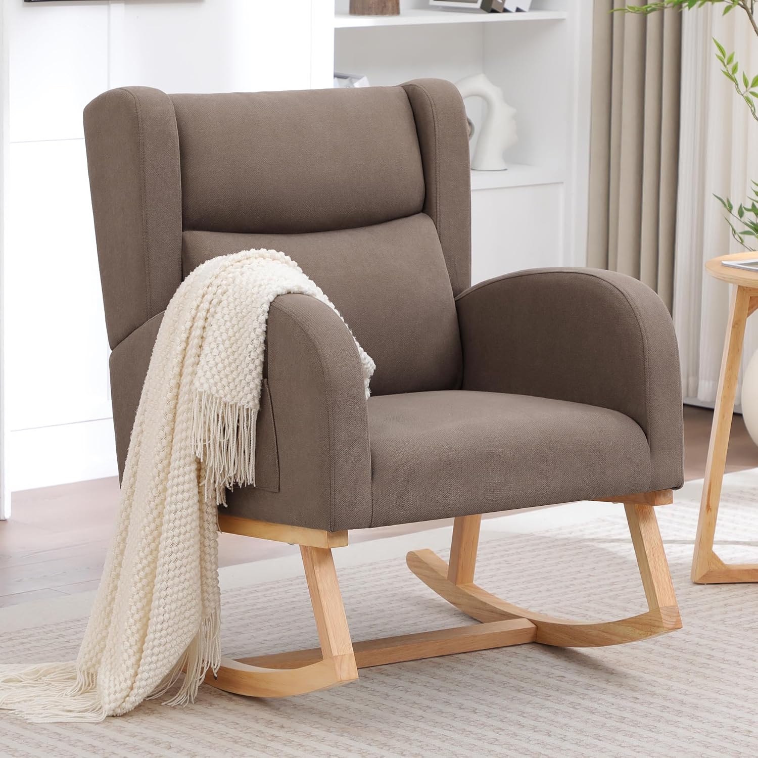 HCHAIRH Nursery Rocking Chair,Linen Upholstered Nursery Rocking Chairs,Wingback Rocker for Nursery for Living Room Bedroom(Linen Brown)