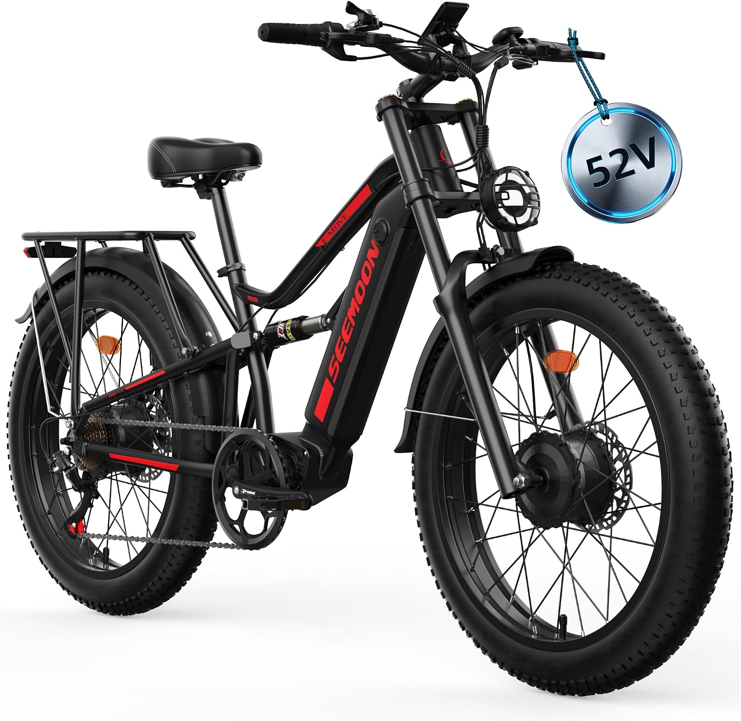 Seemoon 4000W Dual Motor Electric Bike for Adults,36 MPH Max up to100-Miles,52V 20Ah Battery & 160 Nm ,26' Fat Tire Mountain Ebike for Men Women,Full Suspension E-bike for Commuter Hunting Off-Road