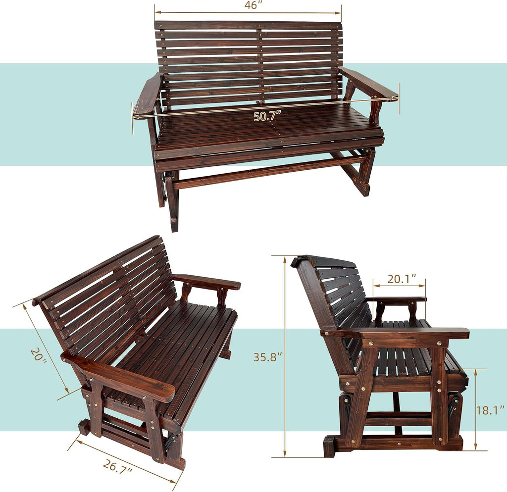 Wooden Patio Glider with High Roll Back and Deep Contoured Seat, Solid Fir Wood, 2-Seater, Heavy Duty 800 LBS, 4 Ft. (Chocolate Tone)