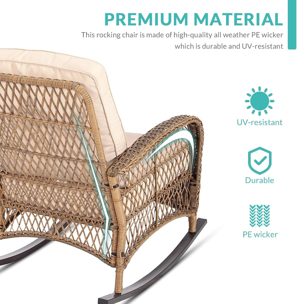MEETWARM 3 Pieces Outdoor Wicker Rocking Chair Set, Rattan Patio Rocker Chairs Set with Cushions and Glass-Top Coffee Table, Conversation Bistro Set for Porch & Backyard - Beige