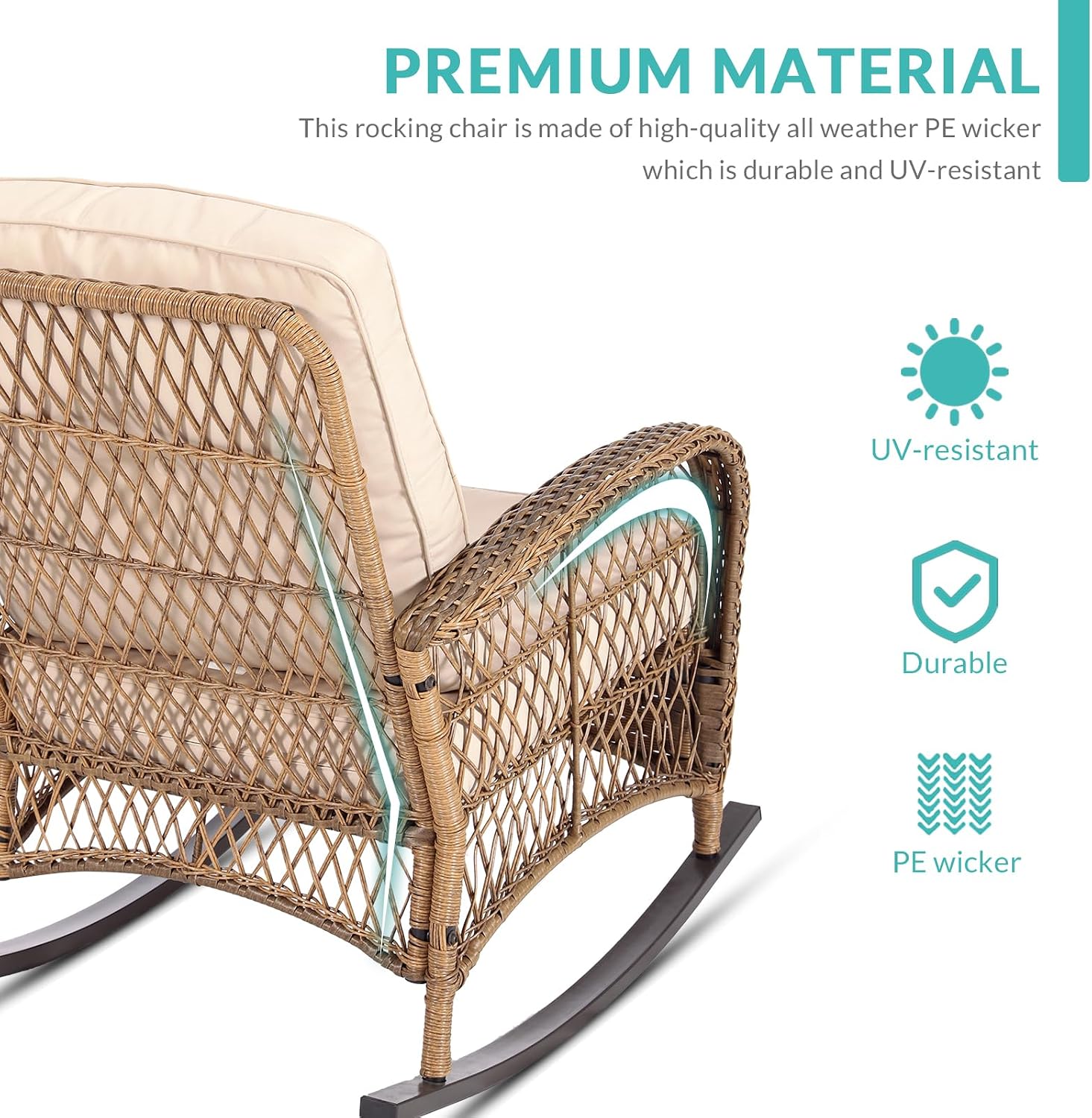 MEETWARM 3 Pieces Outdoor Wicker Rocking Chair Set, Rattan Patio Rocker Chairs Set with Cushions and Glass-Top Coffee Table, Conversation Bistro Set for Porch & Backyard - Beige