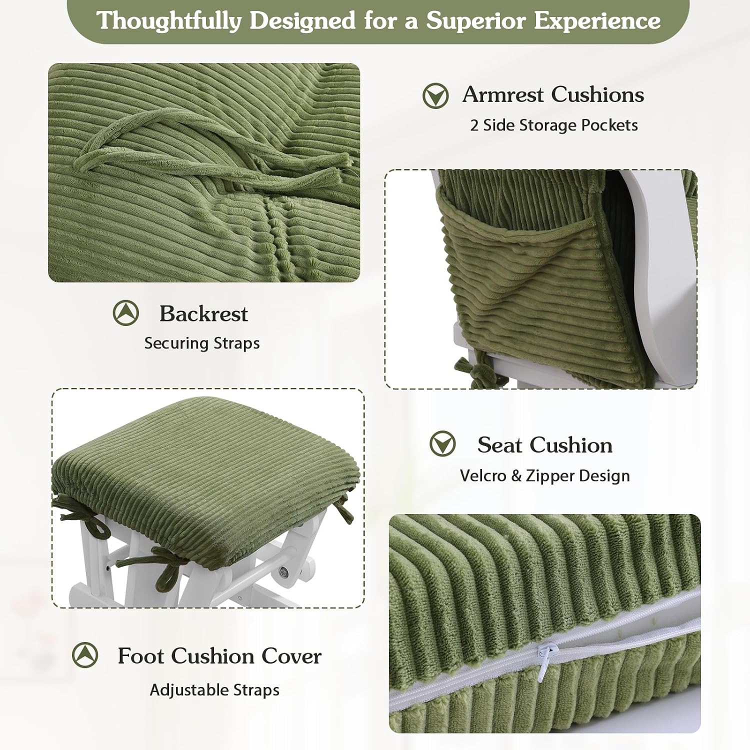 ANMINY 5pcs Glider Rocker Replacement Cushions Set - Thickened Fleece Glider Rocking Chair Cushions with 29.5 inch High Backrest & Side Pockets for Indoor Nursery, Washable & Non Slip, Green
