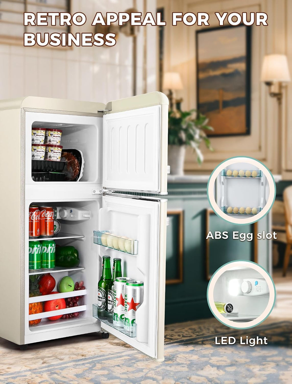Anypro Fridge with Freezer, 3.2 Cu.Ft Retro Double Door Refrigerator with 7 Level Thermostat, Adjustable Removable Glass Shelves for Bedroom Office Apartment Dorm Bar, White