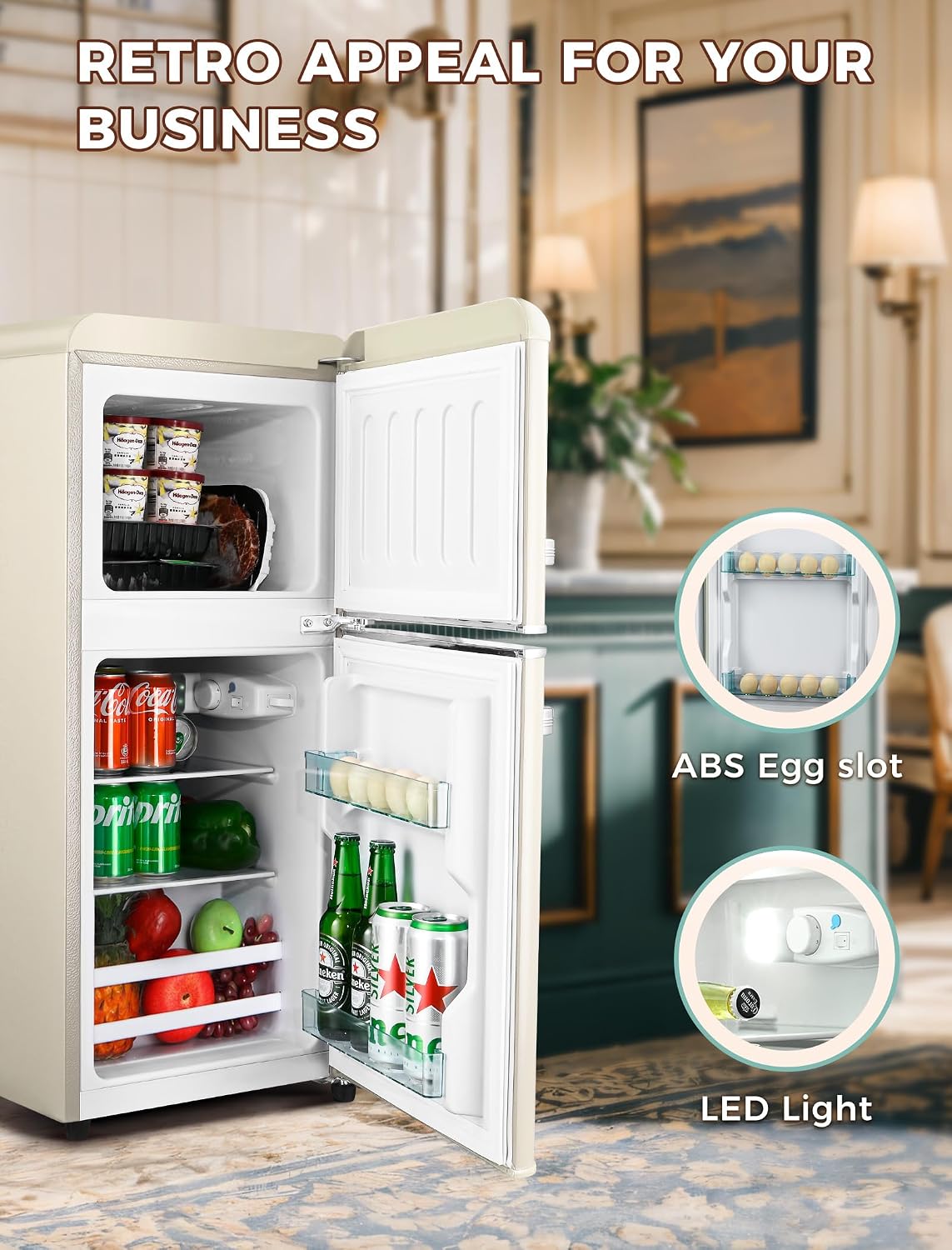 Anypro Fridge with Freezer, 3.2 Cu.Ft Retro Double Door Refrigerator with 7 Level Thermostat, Adjustable Removable Glass Shelves for Bedroom Office Apartment Dorm Bar, White