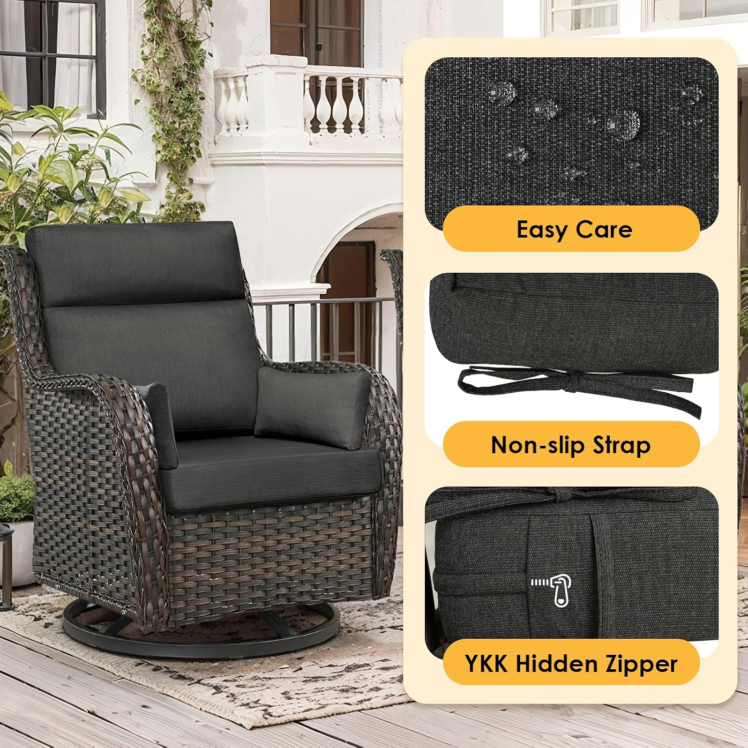 Sunbrella Outdoor High Back Chair Cushion, 2 Pack 48 x 24 inches Patio Chair Cushions Water Repellent Rocking Cushions Indoor Furniture Seat Pad with 2 Pillows, Spectrum Carbon