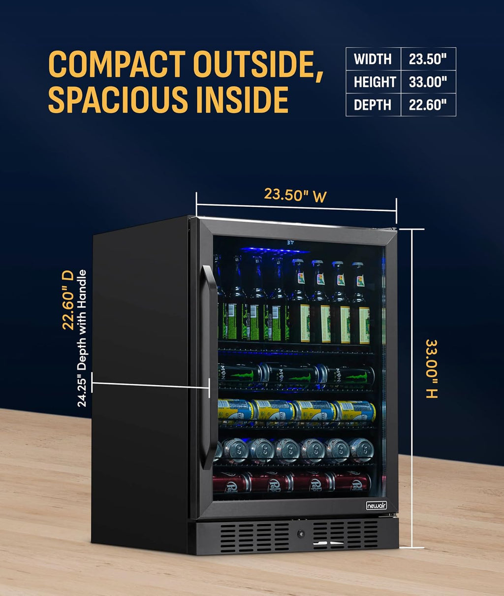 NewAir Beverage Refrigerator with Glass Door | 177 Can Mini Fridge for Bedroom, Dorm, Office, or Gaming Setup | Soda, Beer, and Wine Cooler | Black Stainless Steel