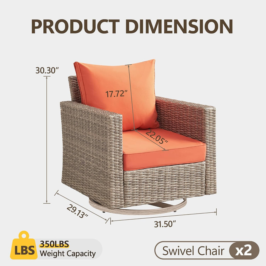 Swivel Rocking Chairs with Comfortable Cushion, PE Wicker Rattan Swivel Chairs, Set of 2 with Cushions for Poolside, Garden, Backyard, Orange