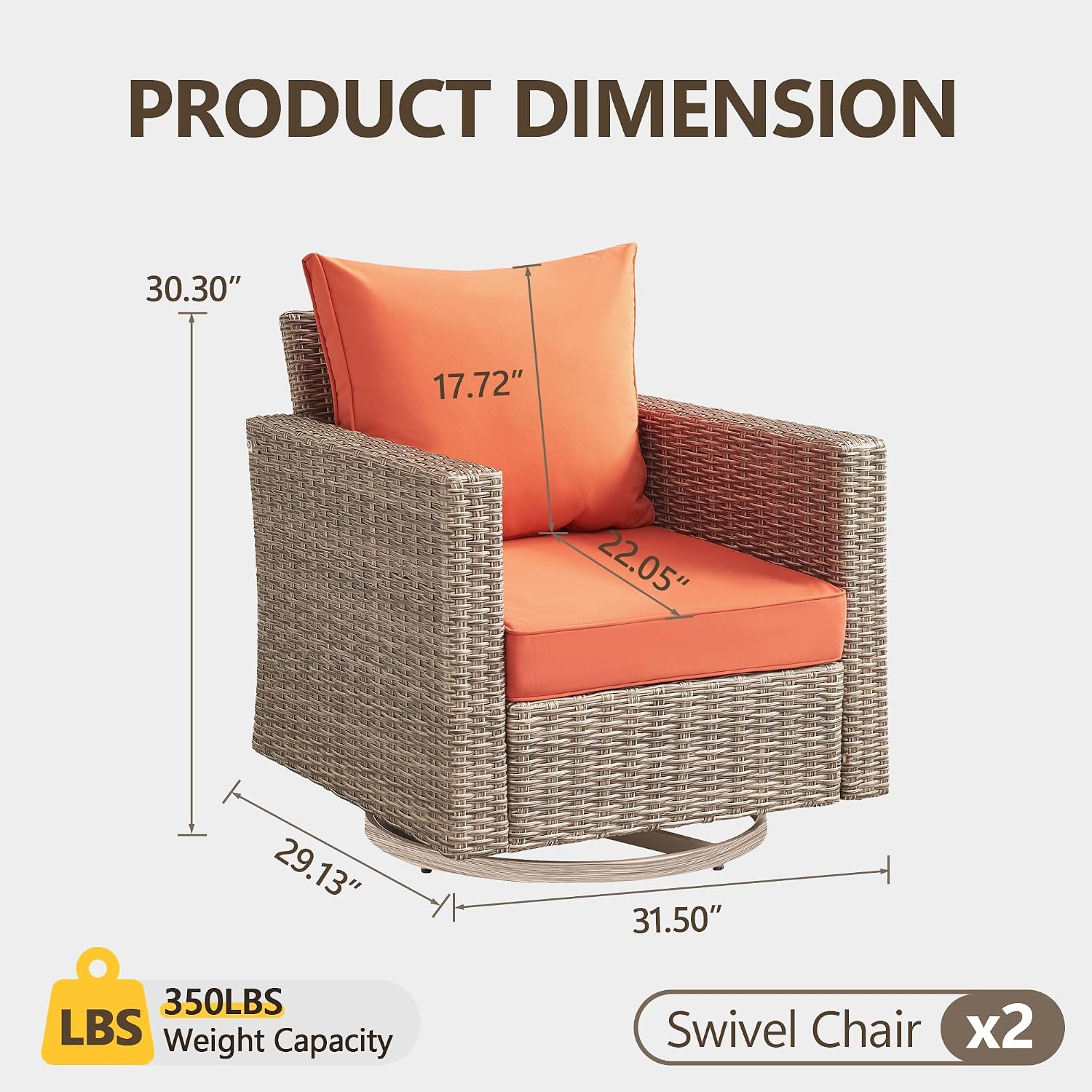 Swivel Rocking Chairs with Comfortable Cushion, PE Wicker Rattan Swivel Chairs, Set of 2 with Cushions for Poolside, Garden, Backyard, Orange