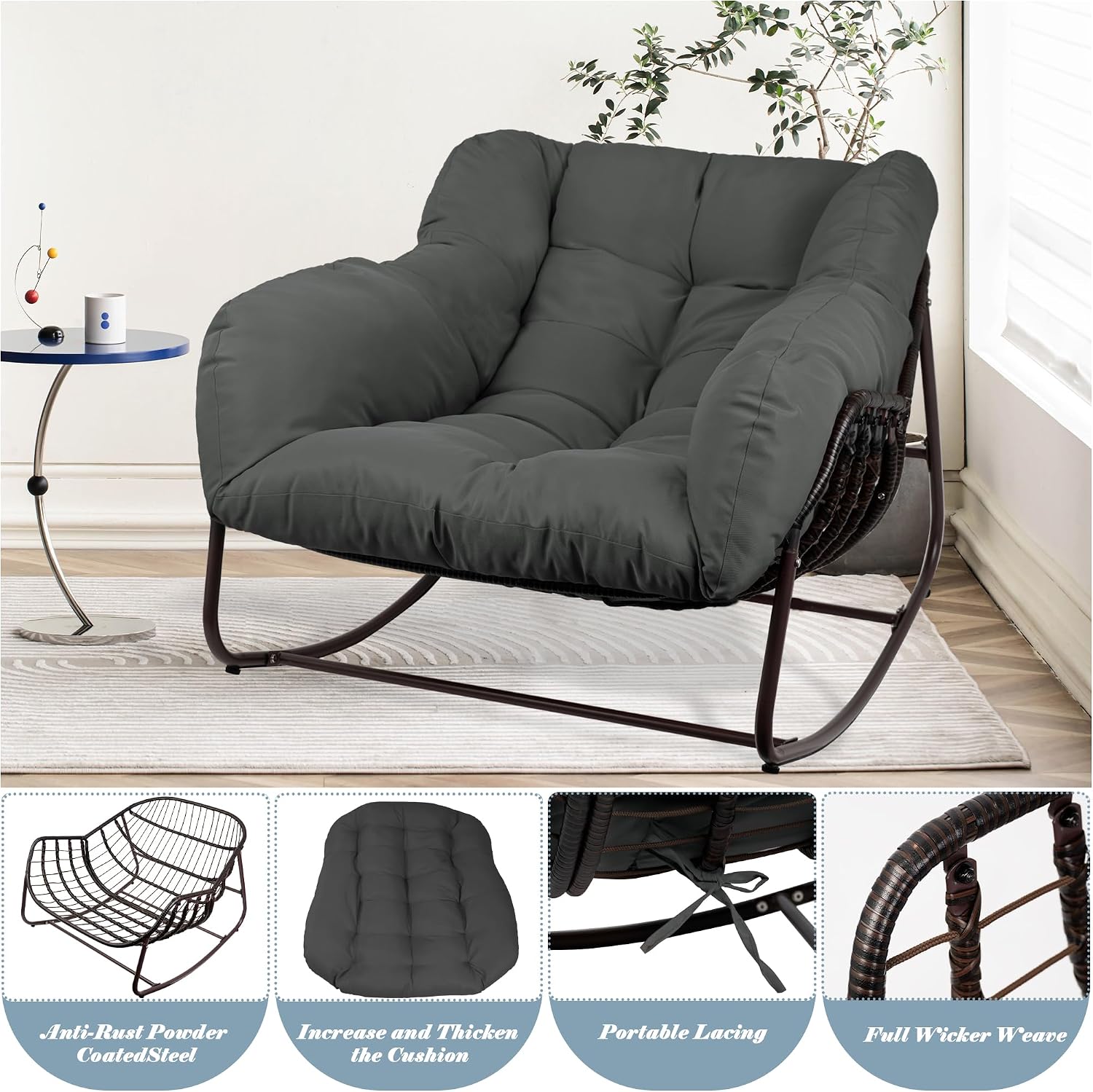 Outdoor Papasan Rocking Chair, Oversized Patio Rocking Chairs with Padded Cushion& Pillow-Comfortable Rocker Egg Chair for Front Porch, Garden, Patio, Backyard,2PC,Grey