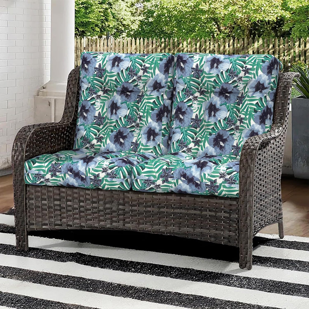Outdoor Seat Chair Cushions, Tufted Back Patio Furniture Cushions Set of 2, Water Repellent Wicker Replacement for Home Garden Chairs, 42x21x4 Inch, Blue Salmone Tropical