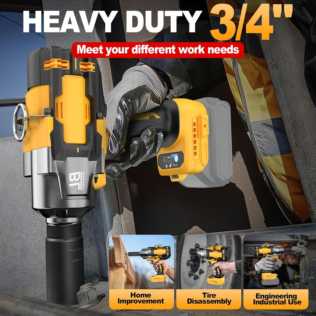 Cordless Impact Wrench 3/4' for De-Walt 20V Battery, 1475 Ft-lbs (2000N.m) High Torque power Impact Gun Heavy Duty Brushless, 3 Mode, 1/2' Impact Socket Adapter, Car Tire Truck RV Mower (No battery)
