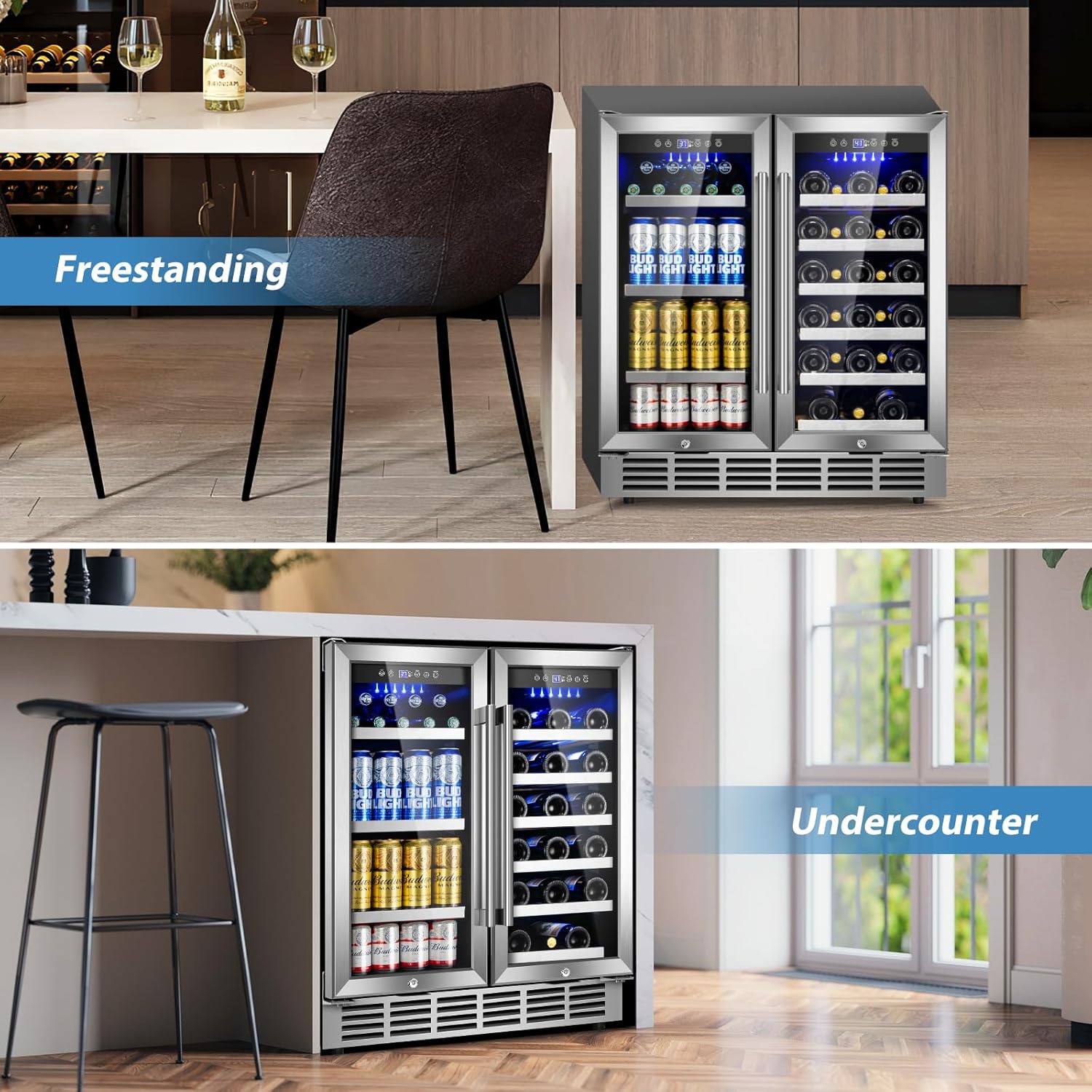 Velivi 30Inch Wine and Beverage Refrigerator - Dual Zone Beverage Cooler Under Counter, Holds Up to 30 Bottles & 90 Cans Drink and Beer Fridge Built-In for Home Kitchen Bar and Office
