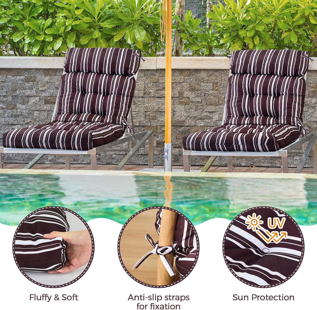 Barydat 4 Pcs Tufted High Back Chair Cushion Indoor Outdoor Seat and Back Cushions Palm Leaves Tropical Plants Lawn Rocking Chair Pads with Ties for Adirondack Patio Garden(Brown Stripes)